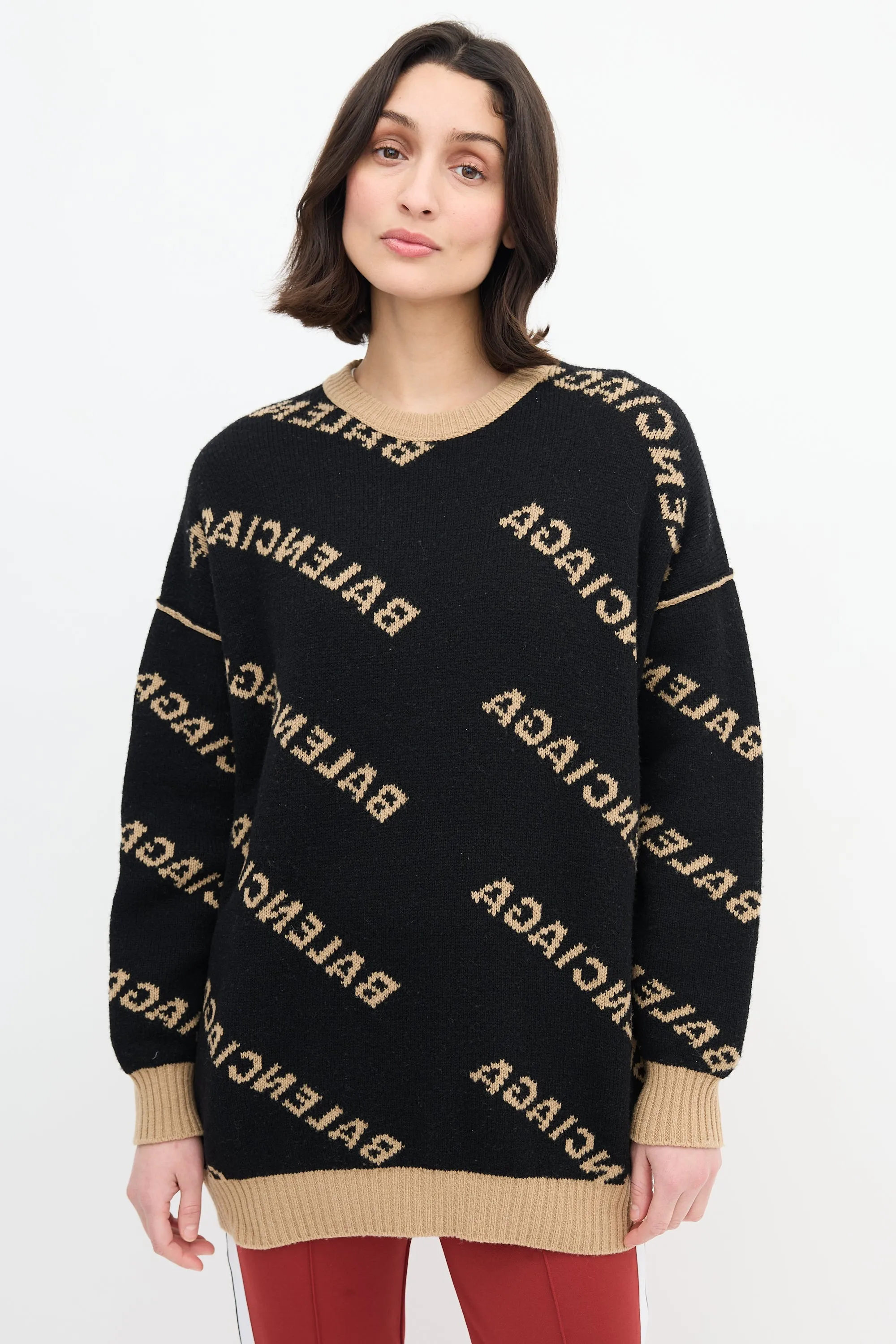 Beige & Black Reversible Allover Logo Sweater