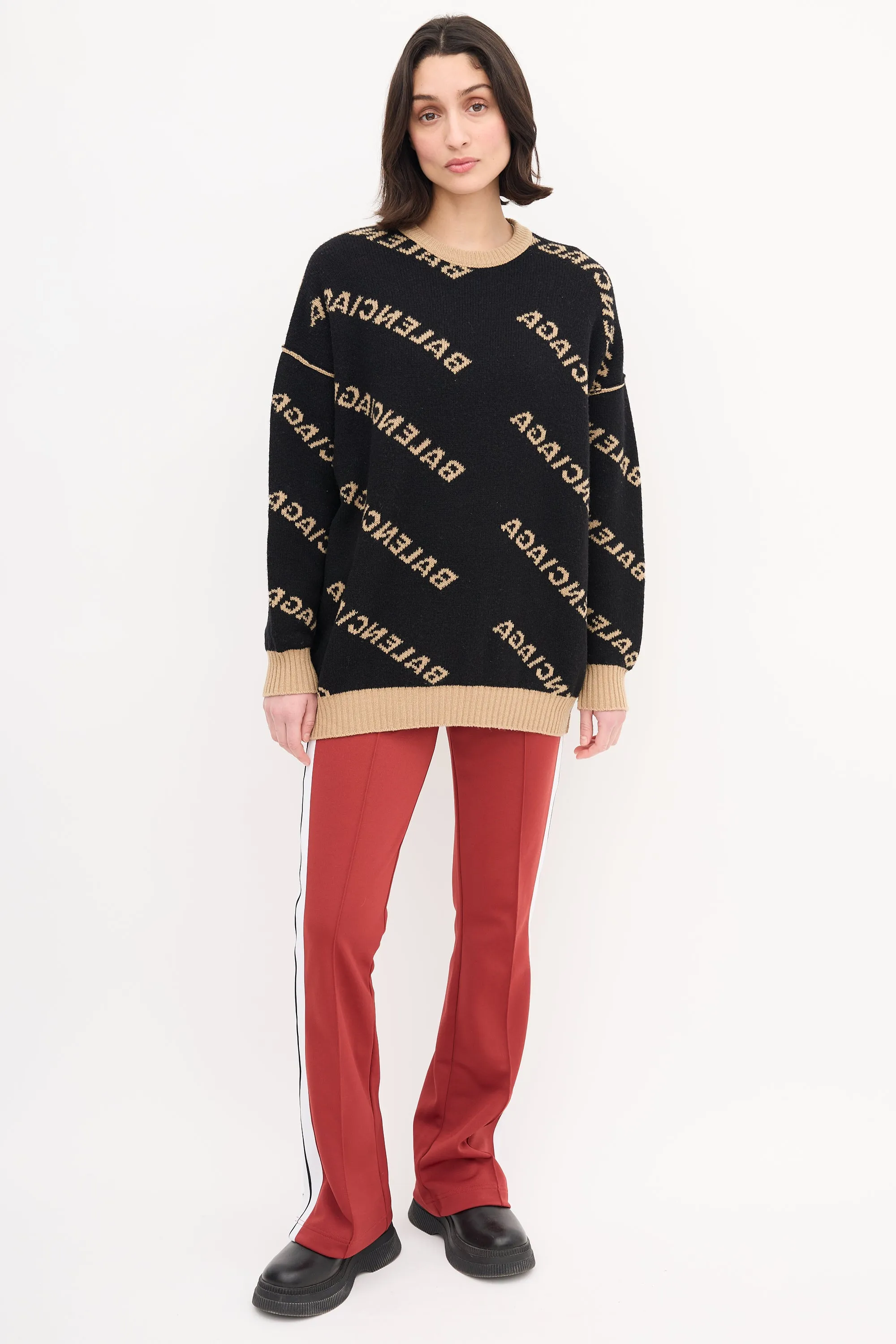 Beige & Black Reversible Allover Logo Sweater