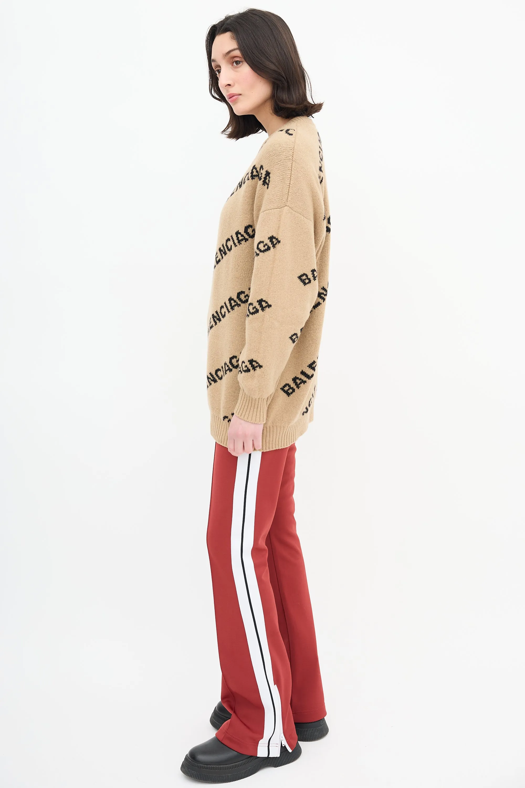 Beige & Black Reversible Allover Logo Sweater