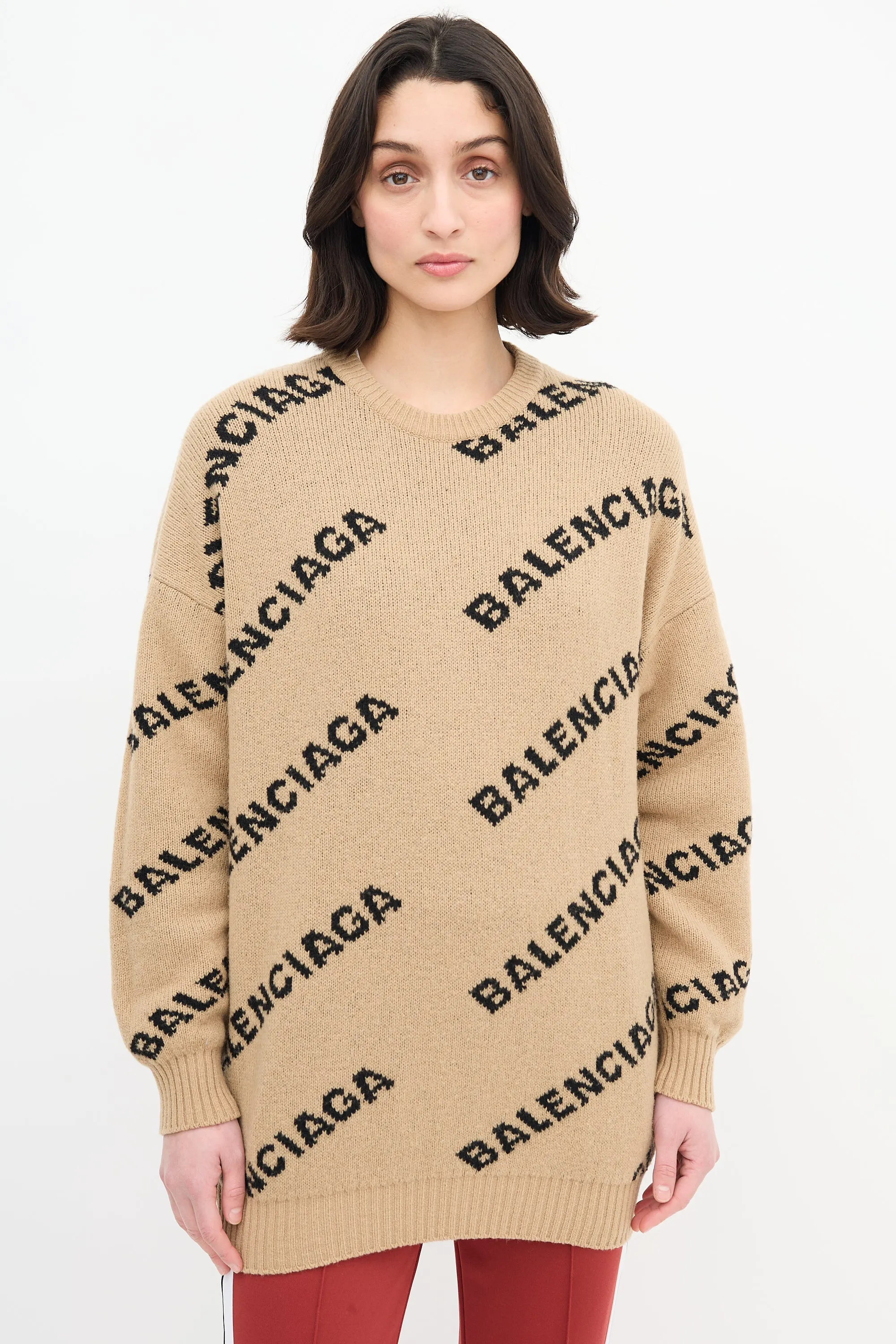 Beige & Black Reversible Allover Logo Sweater