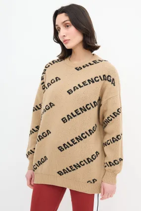 Beige & Black Reversible Allover Logo Sweater