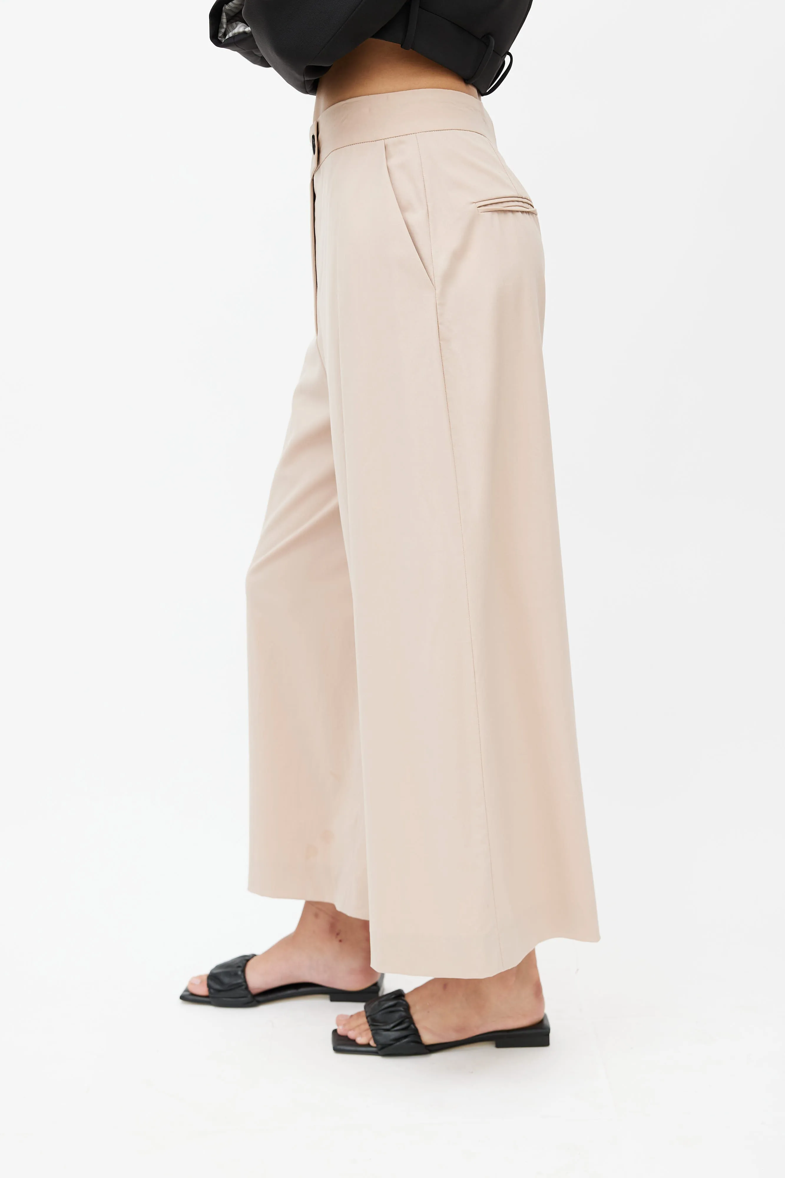 Beige Wool Wide Leg Trouser