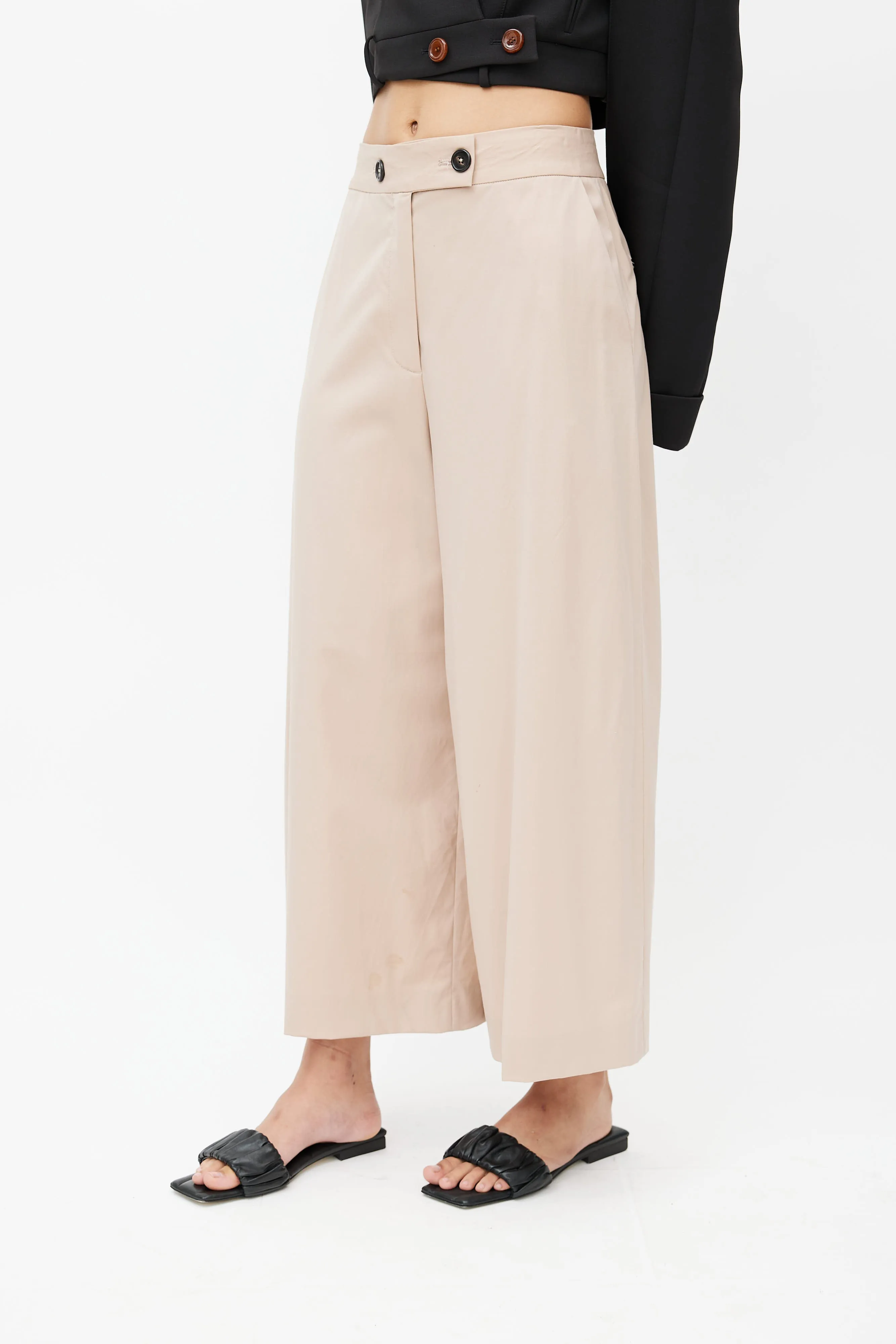 Beige Wool Wide Leg Trouser