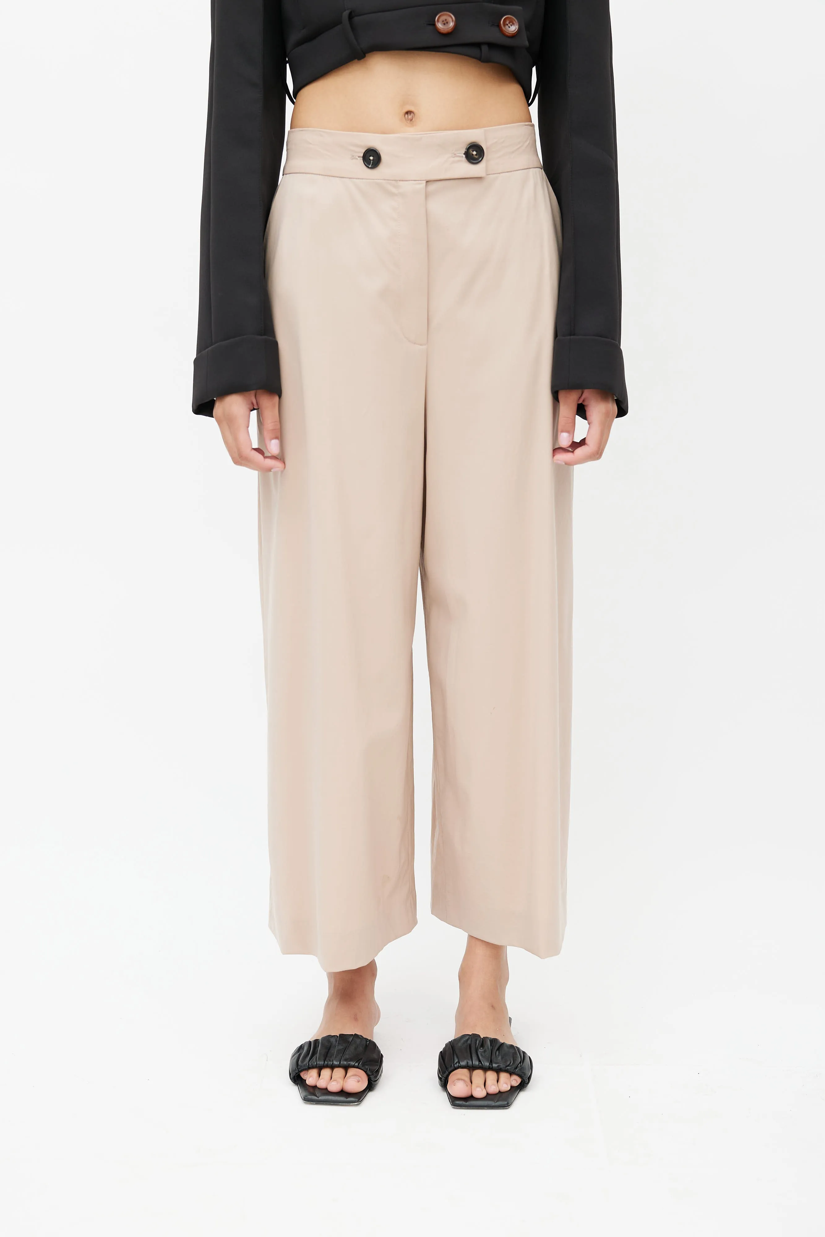 Beige Wool Wide Leg Trouser