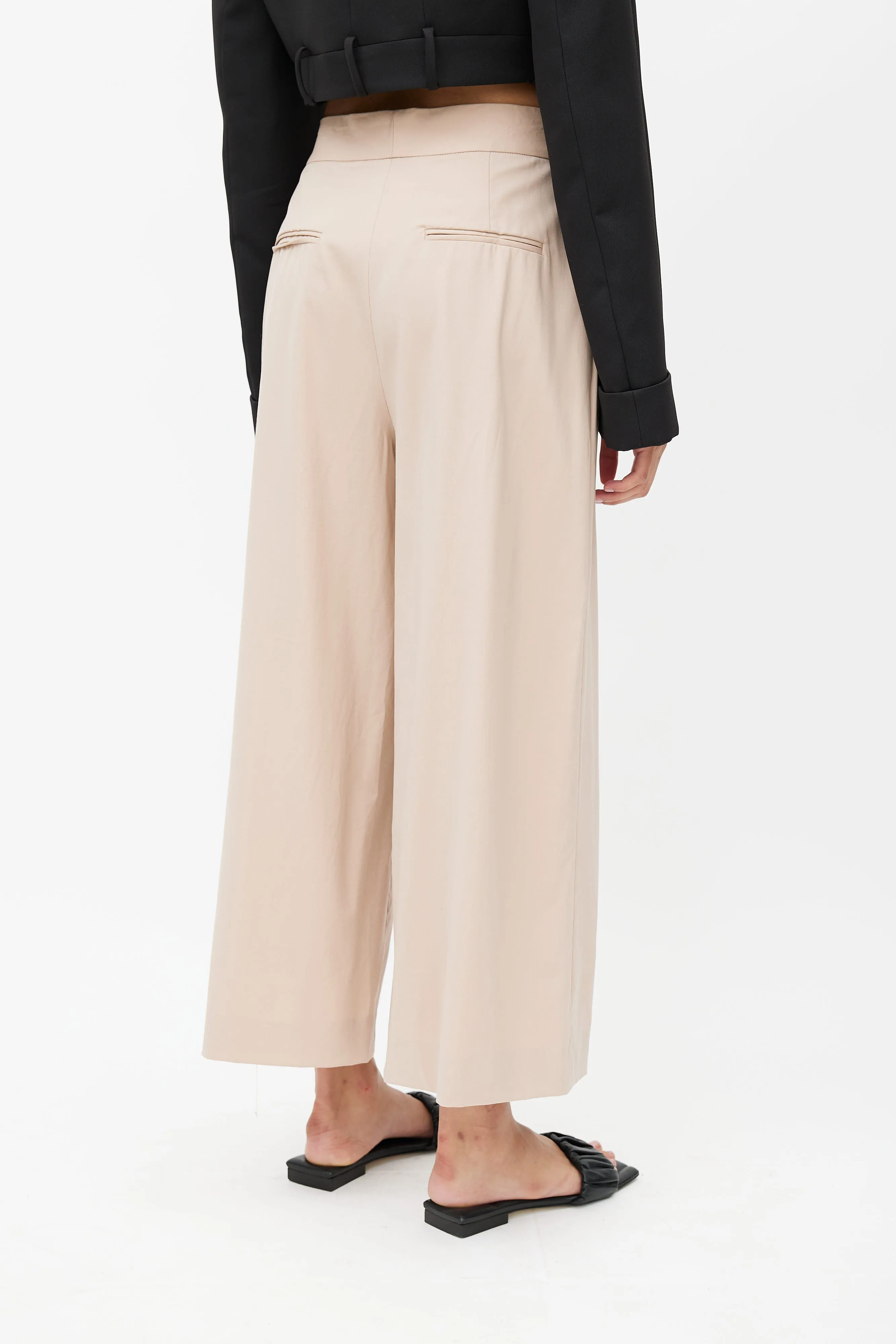 Beige Wool Wide Leg Trouser
