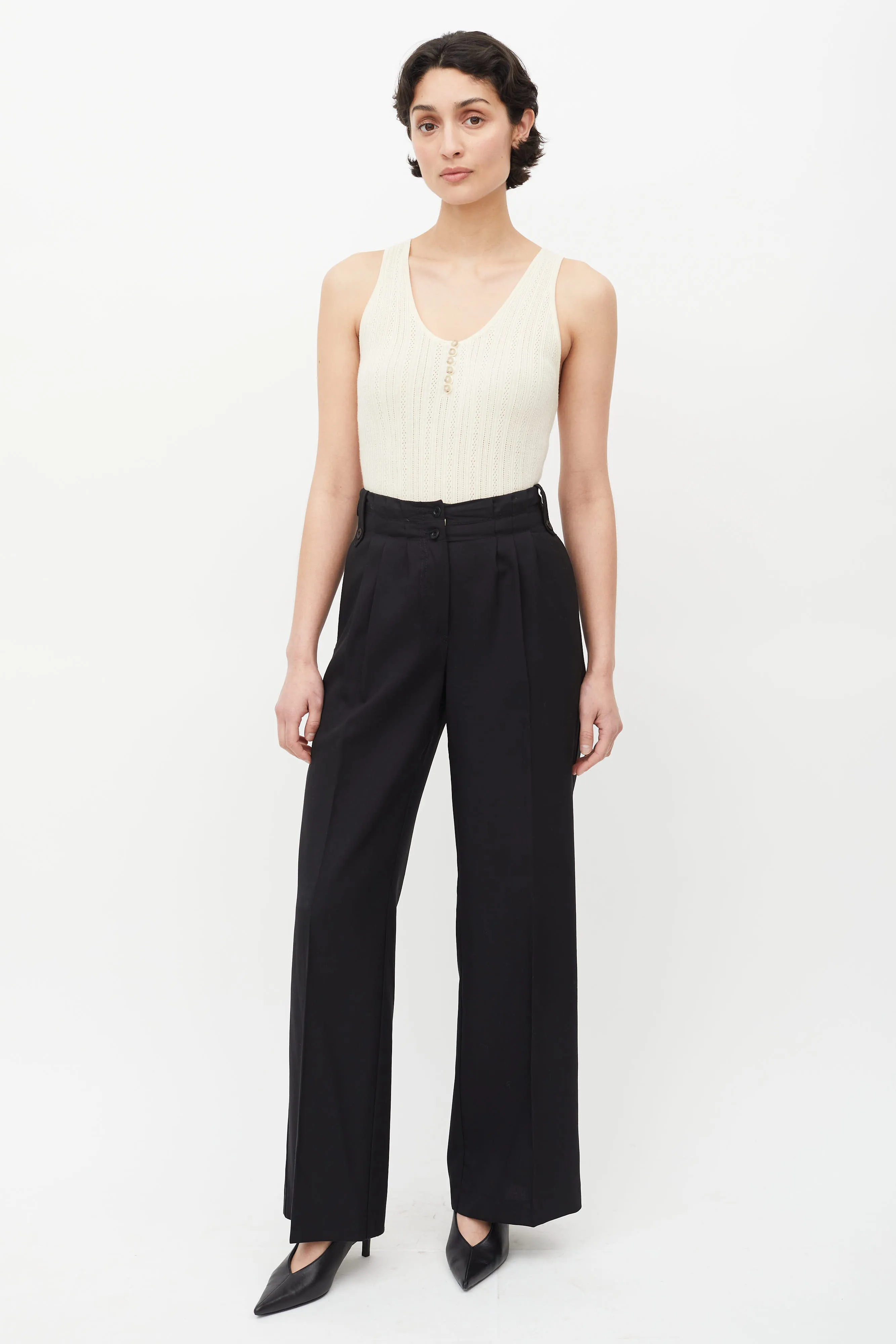 Black Pleated Wide Leg Wool Trouser