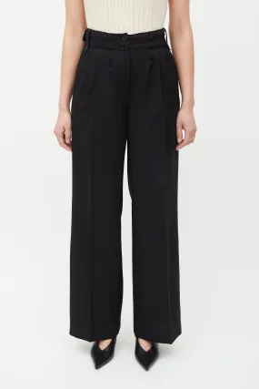 Black Pleated Wide Leg Wool Trouser
