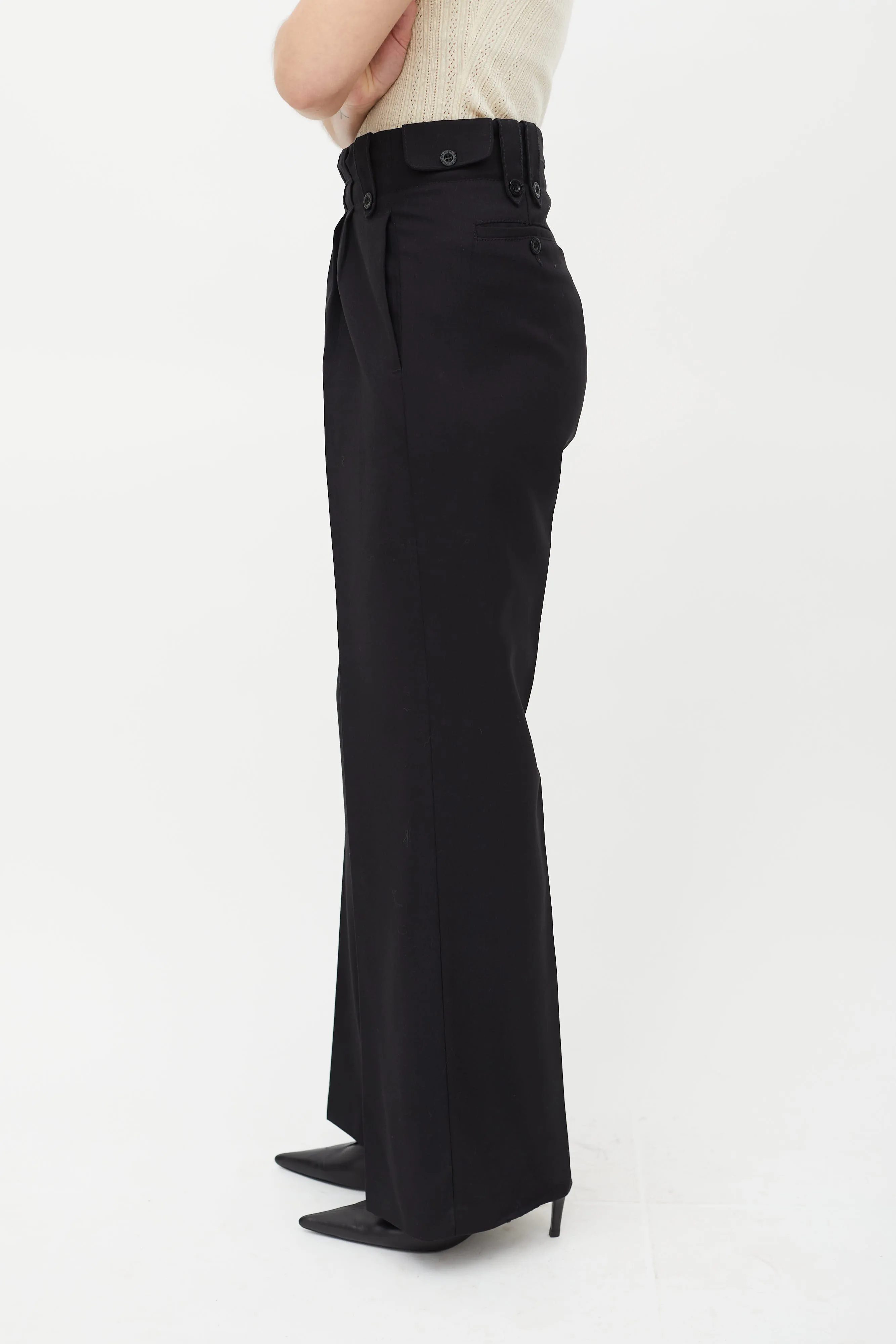 Black Pleated Wide Leg Wool Trouser