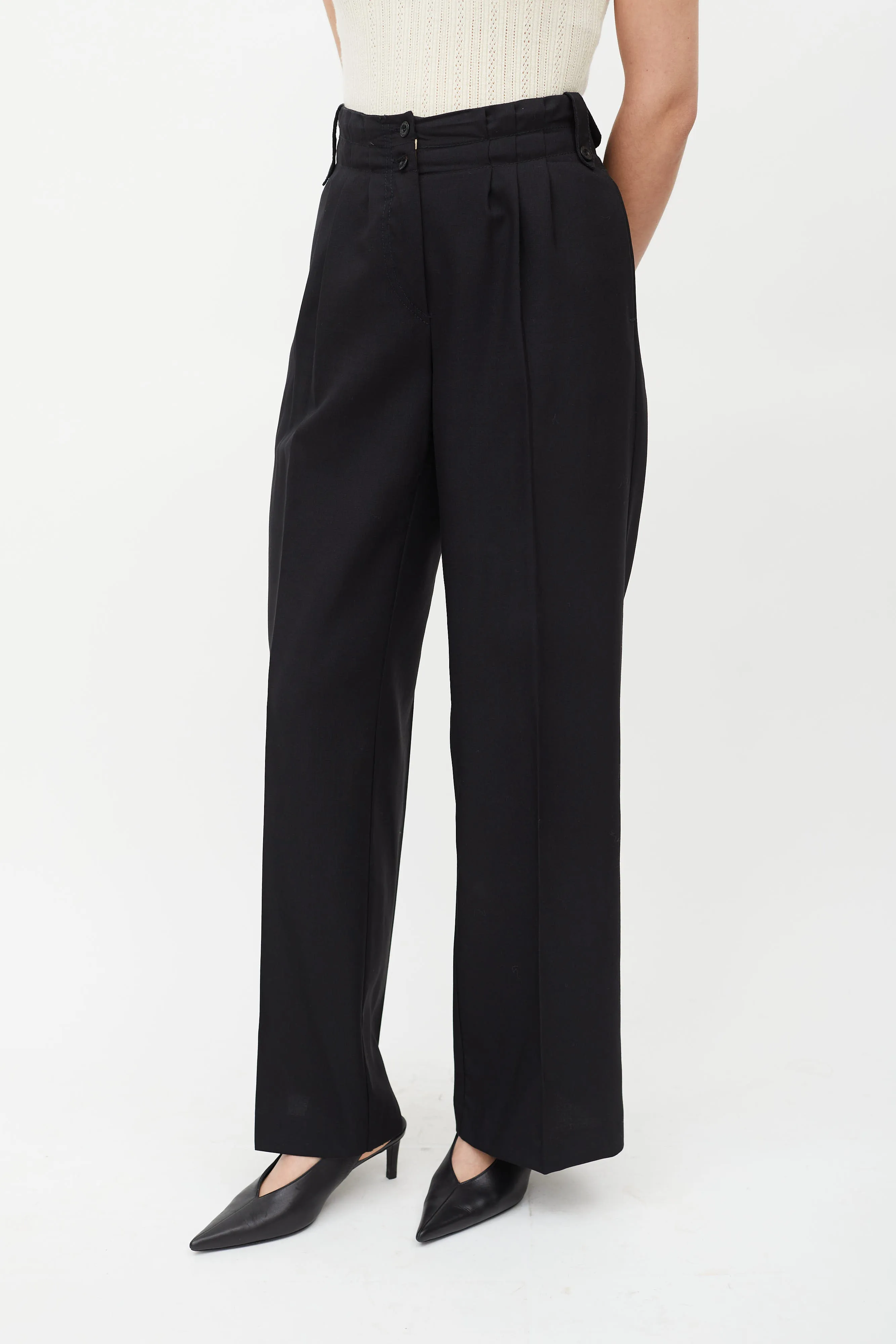 Black Pleated Wide Leg Wool Trouser