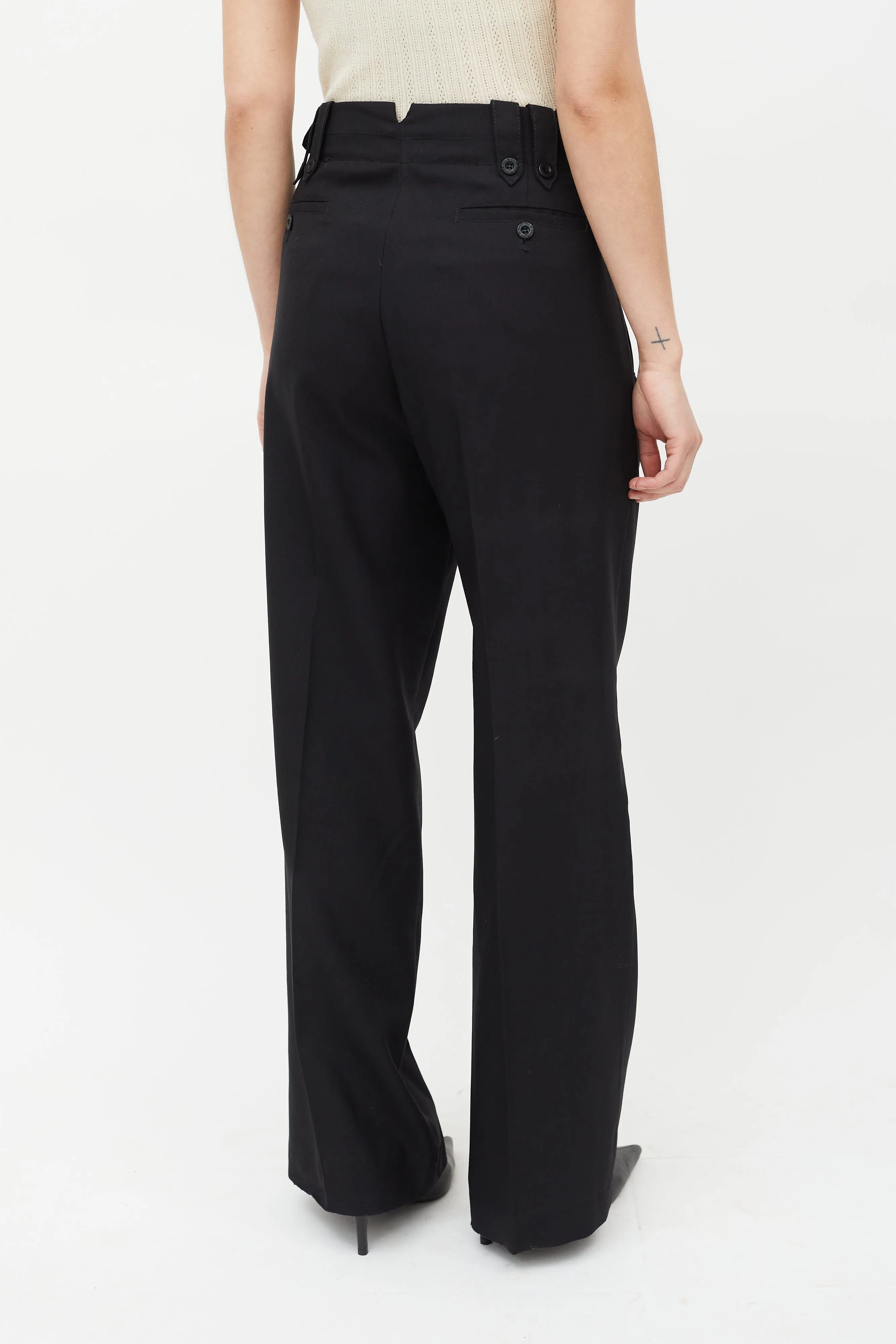 Black Pleated Wide Leg Wool Trouser