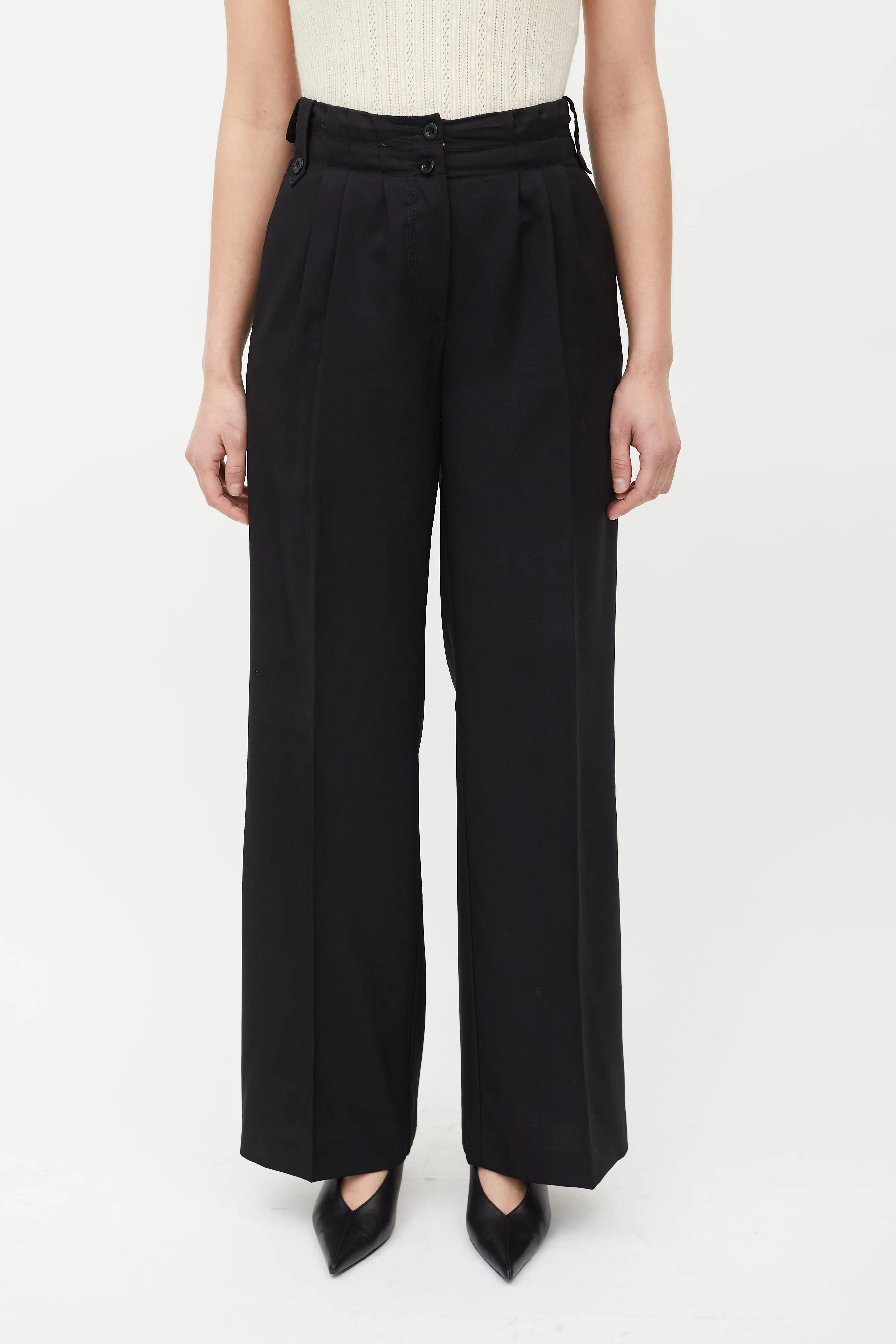 Black Pleated Wide Leg Wool Trouser