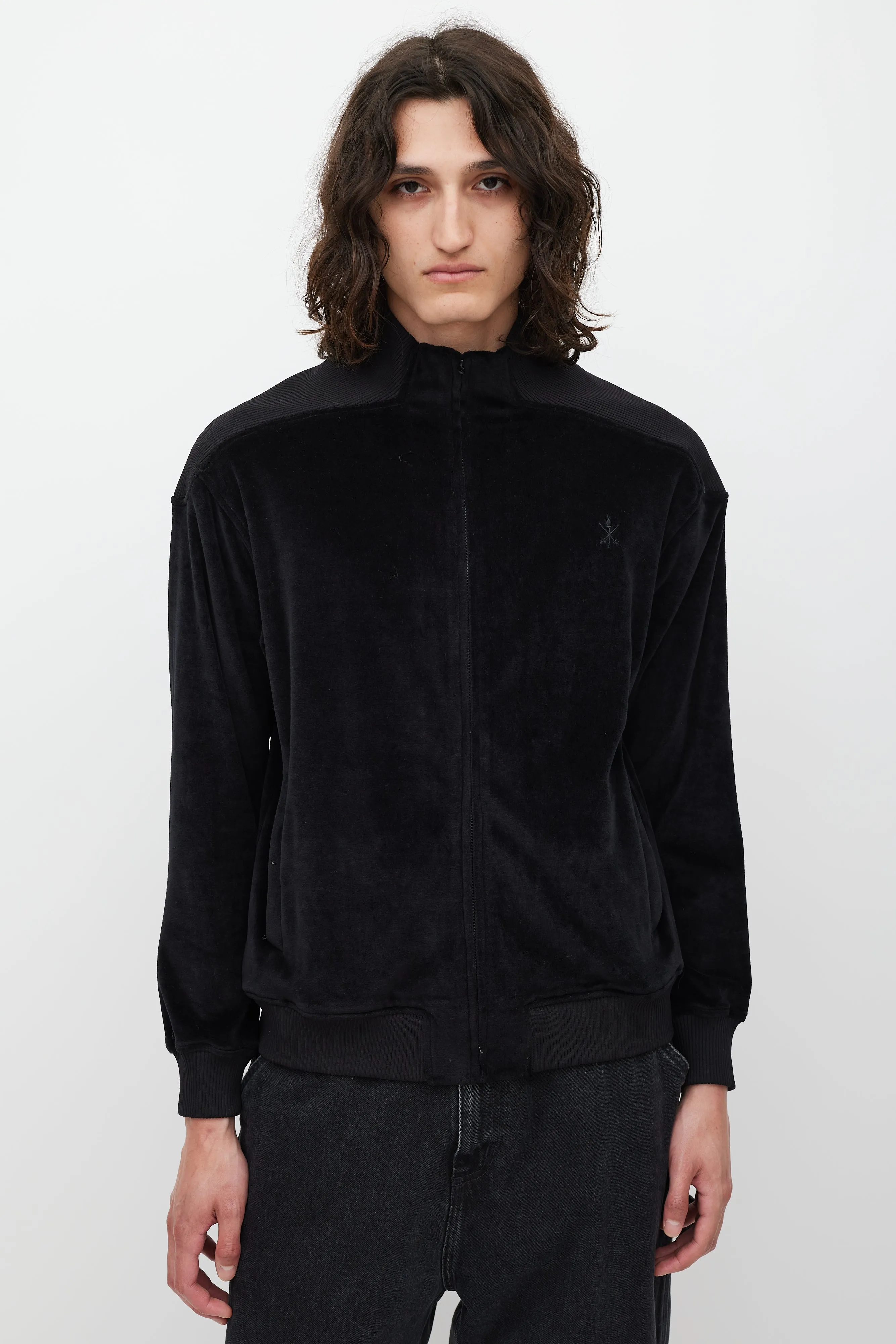 Black Velour Embroidered Logo Zip Sweater