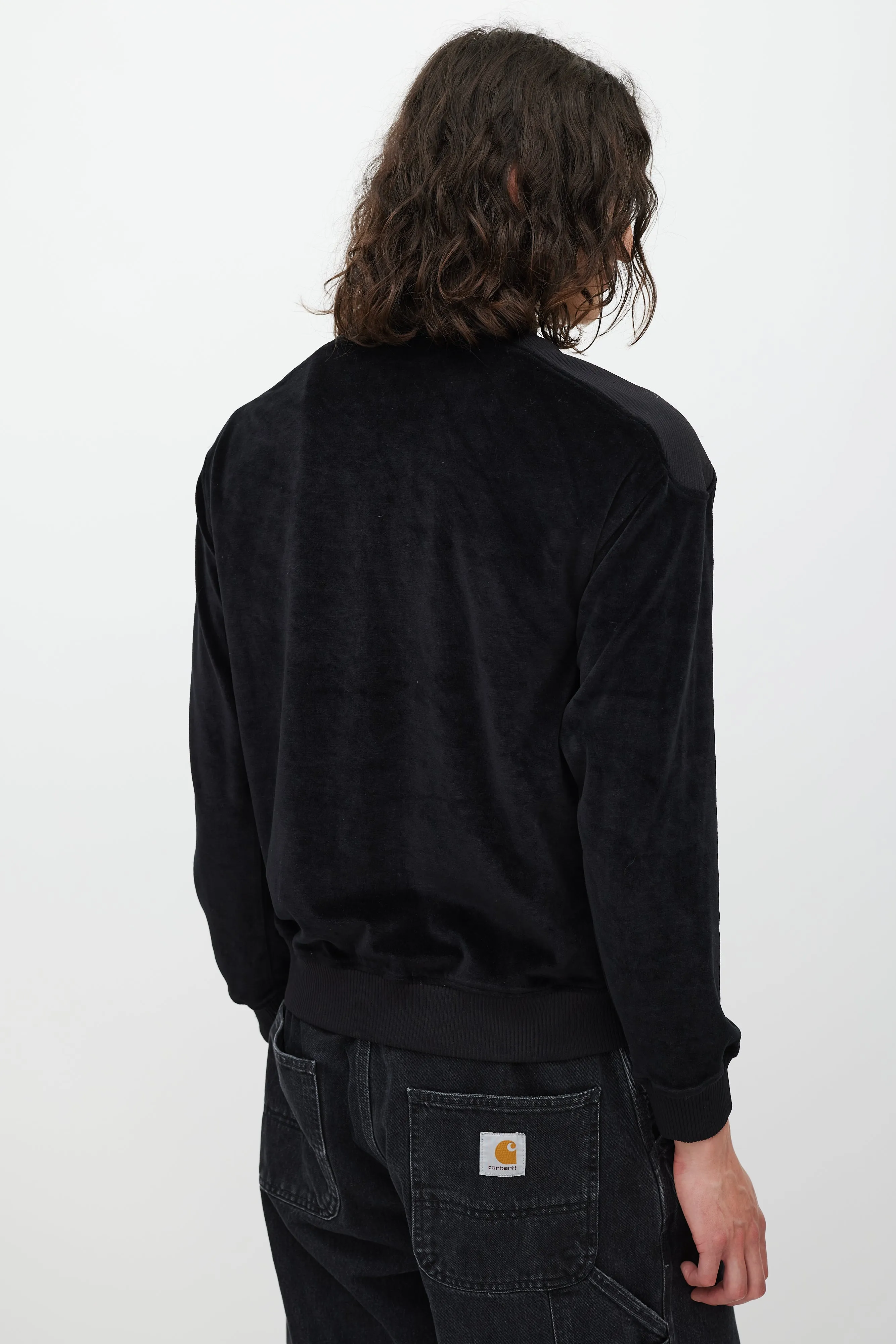 Black Velour Embroidered Logo Zip Sweater