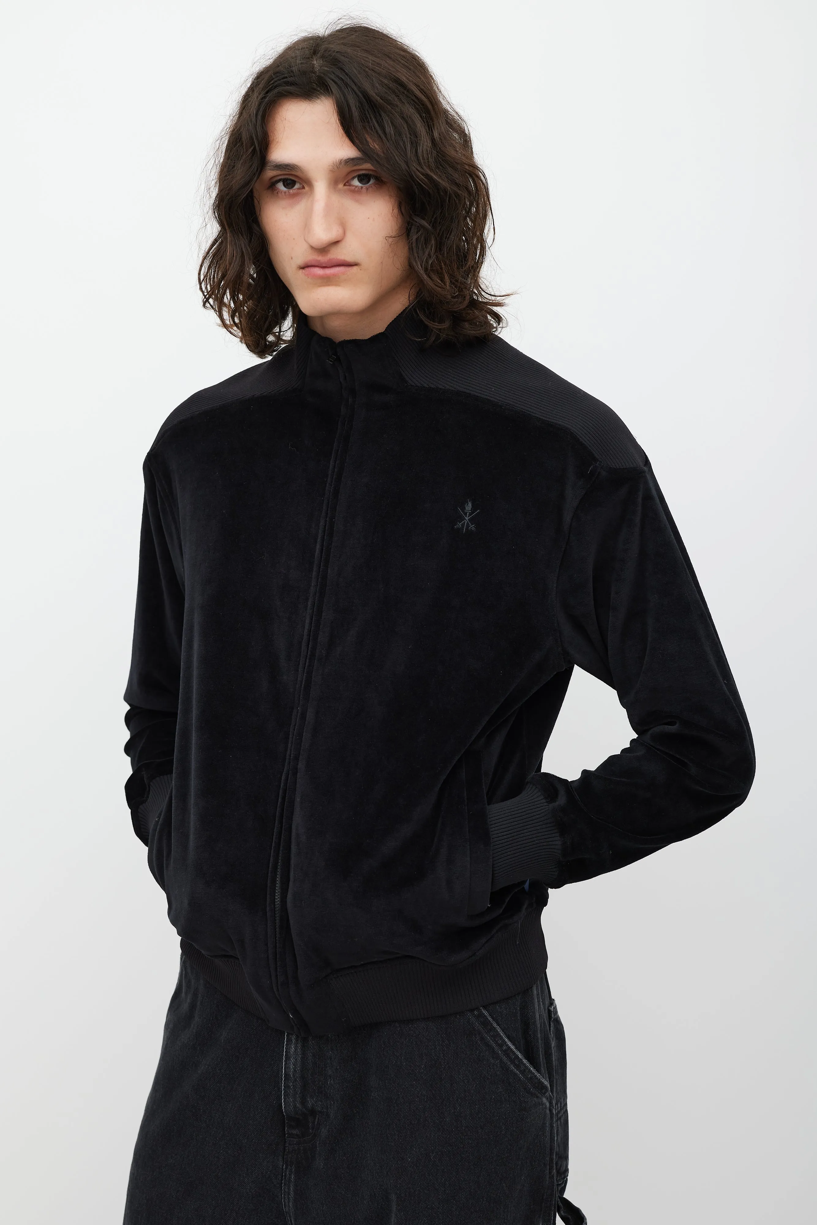 Black Velour Embroidered Logo Zip Sweater