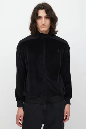 Black Velour Embroidered Logo Zip Sweater