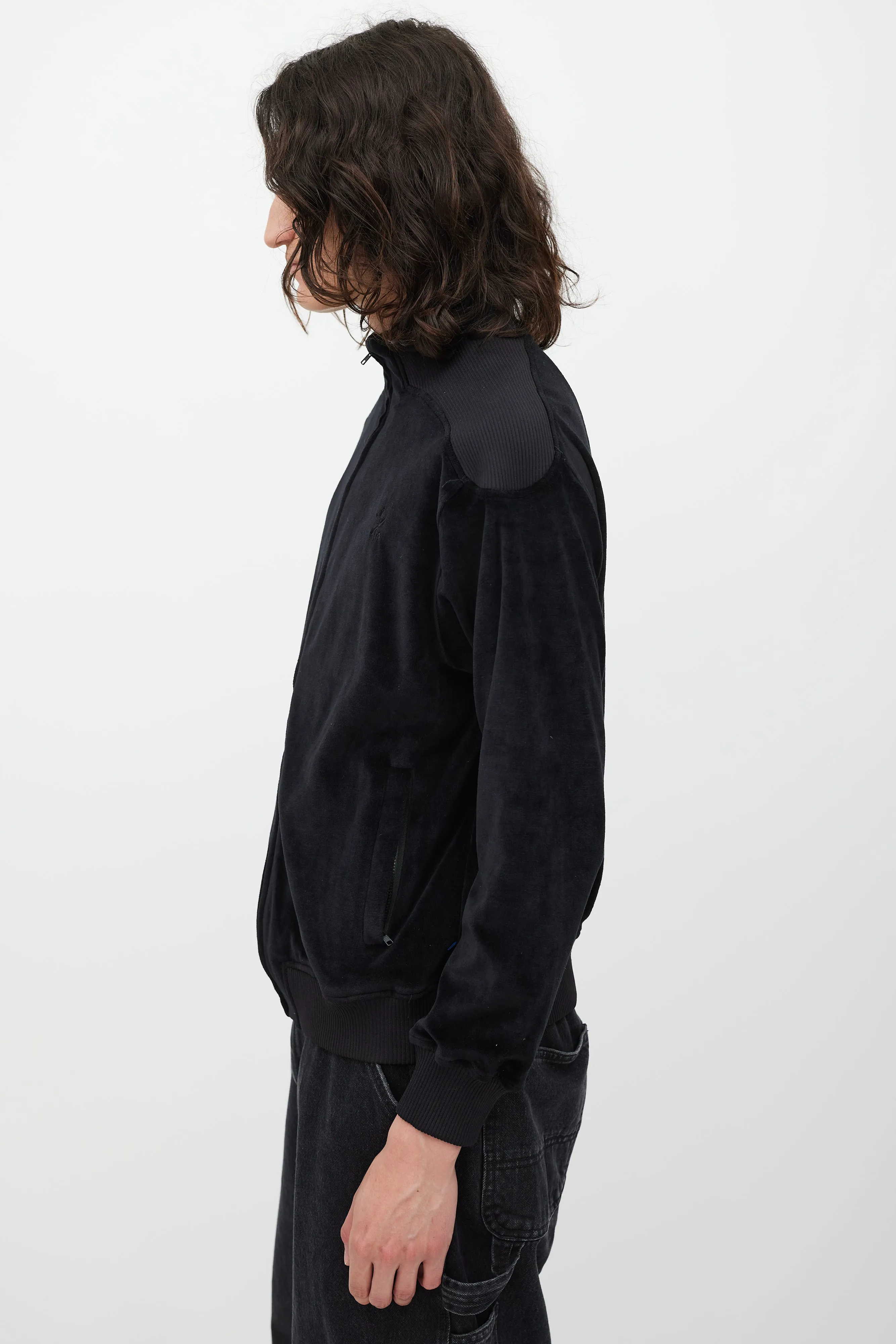 Black Velour Embroidered Logo Zip Sweater