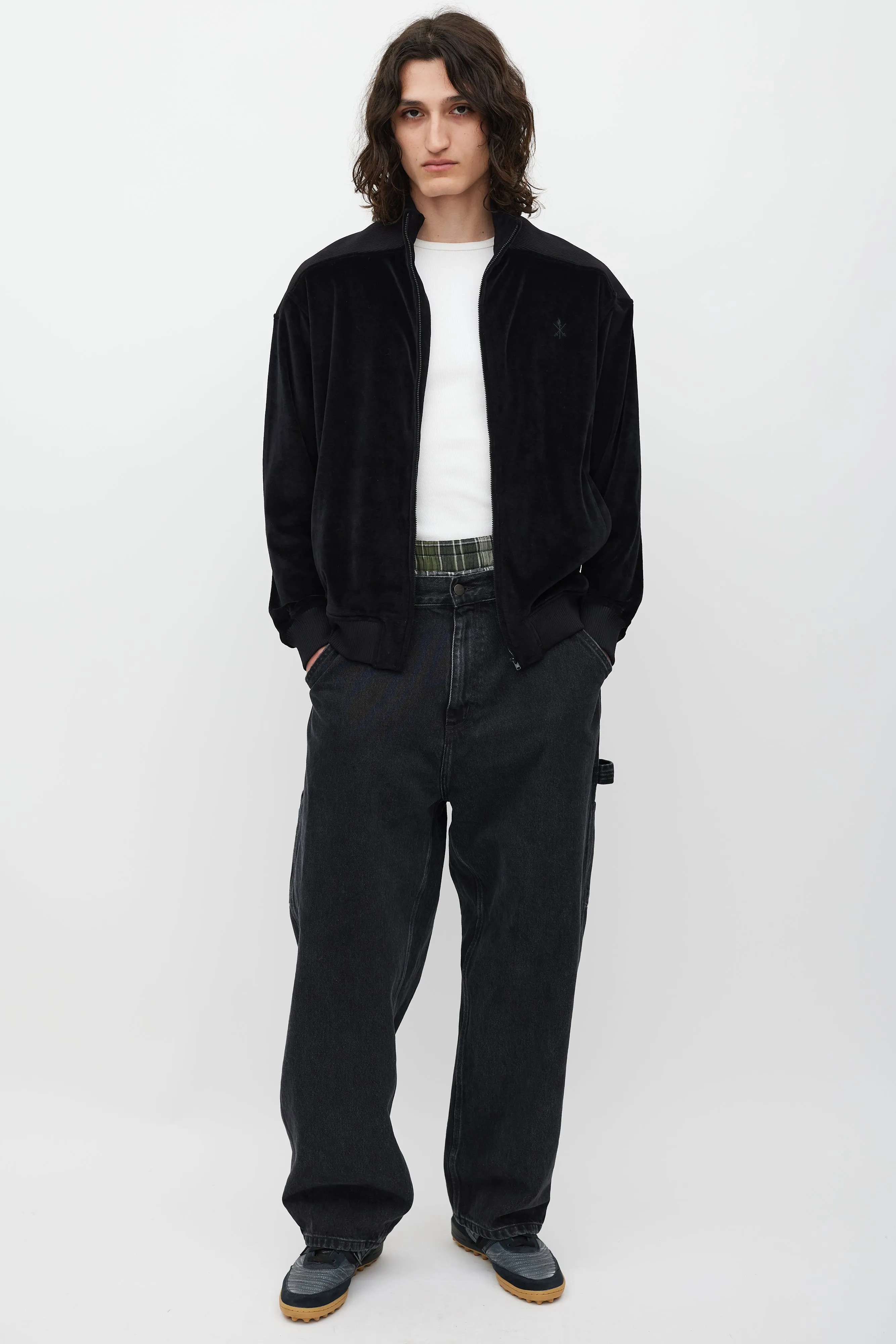 Black Velour Embroidered Logo Zip Sweater