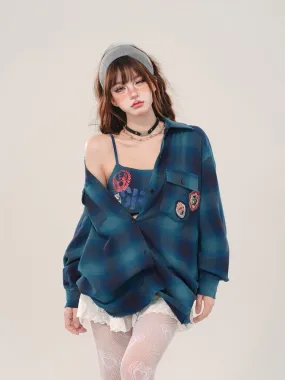 Blue Plaid Pattern Shirt and Inner Cami Top