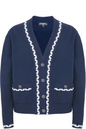 CHANEL 2021 Patch Pocket Knit Cardigan Navy