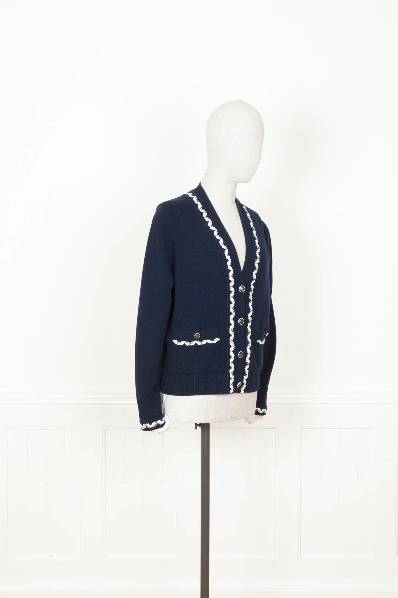 CHANEL 2021 Patch Pocket Knit Cardigan Navy