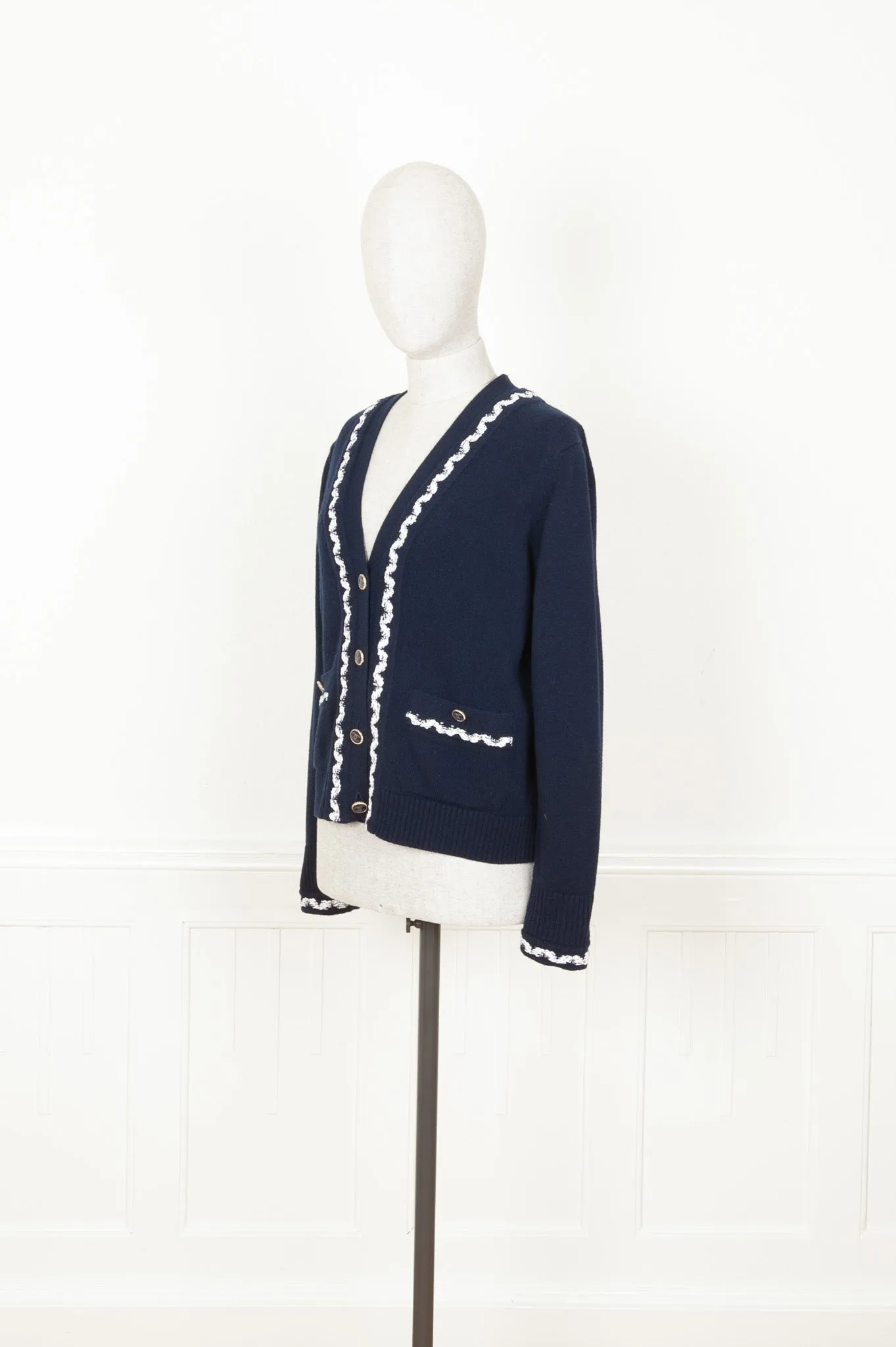 CHANEL 2021 Patch Pocket Knit Cardigan Navy