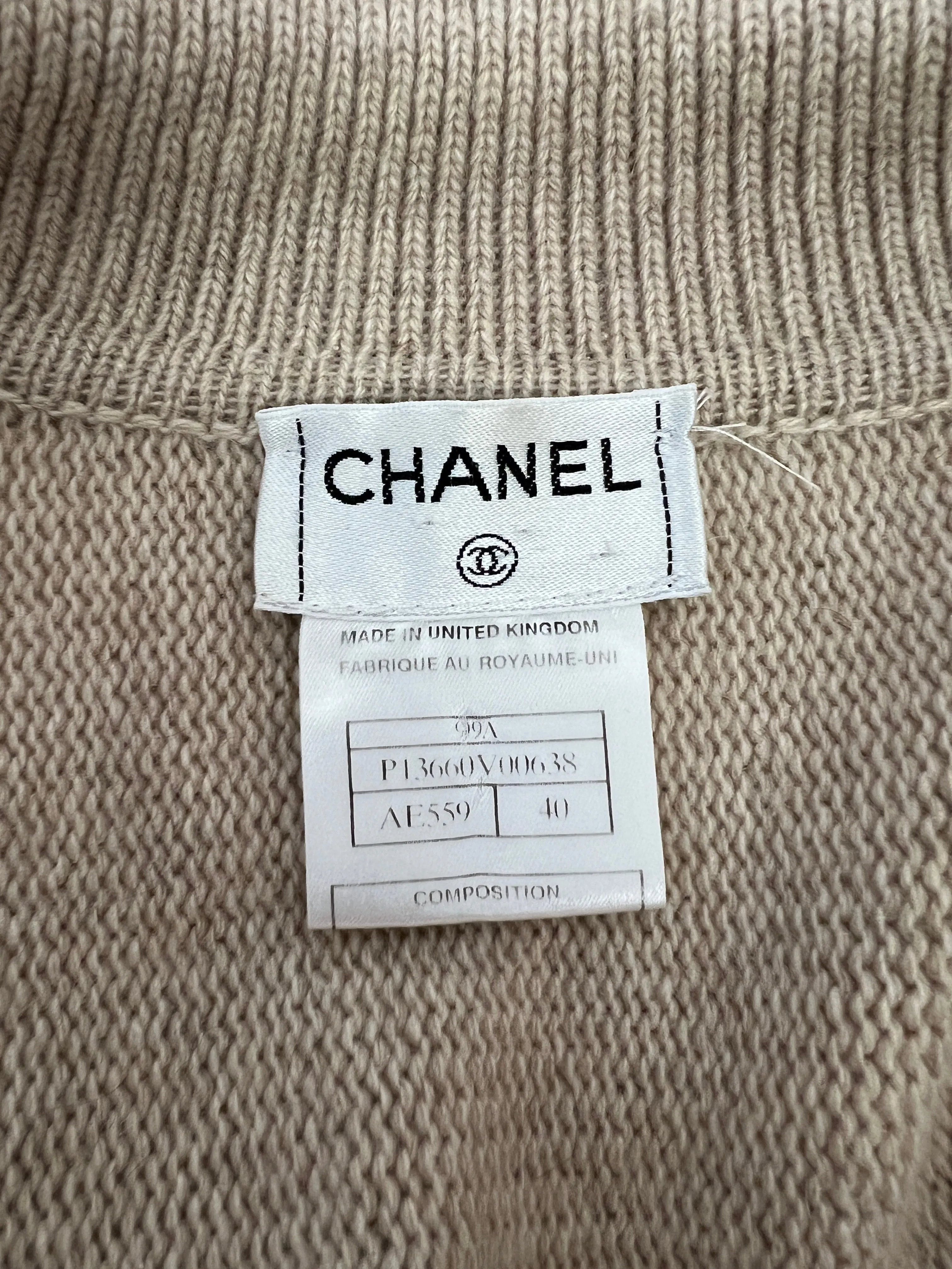 Chanel 99/A Beige Cashmere Long Sleeve Cardigan Size FR 40 (UK 12)