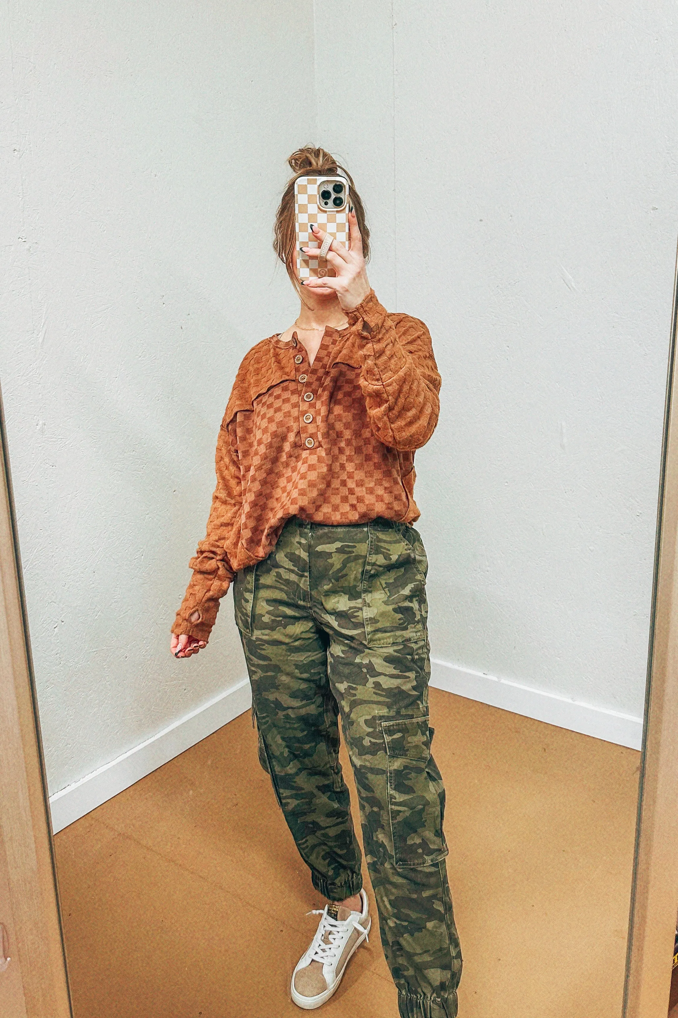 Chelsea Camel Checkered Henley Top