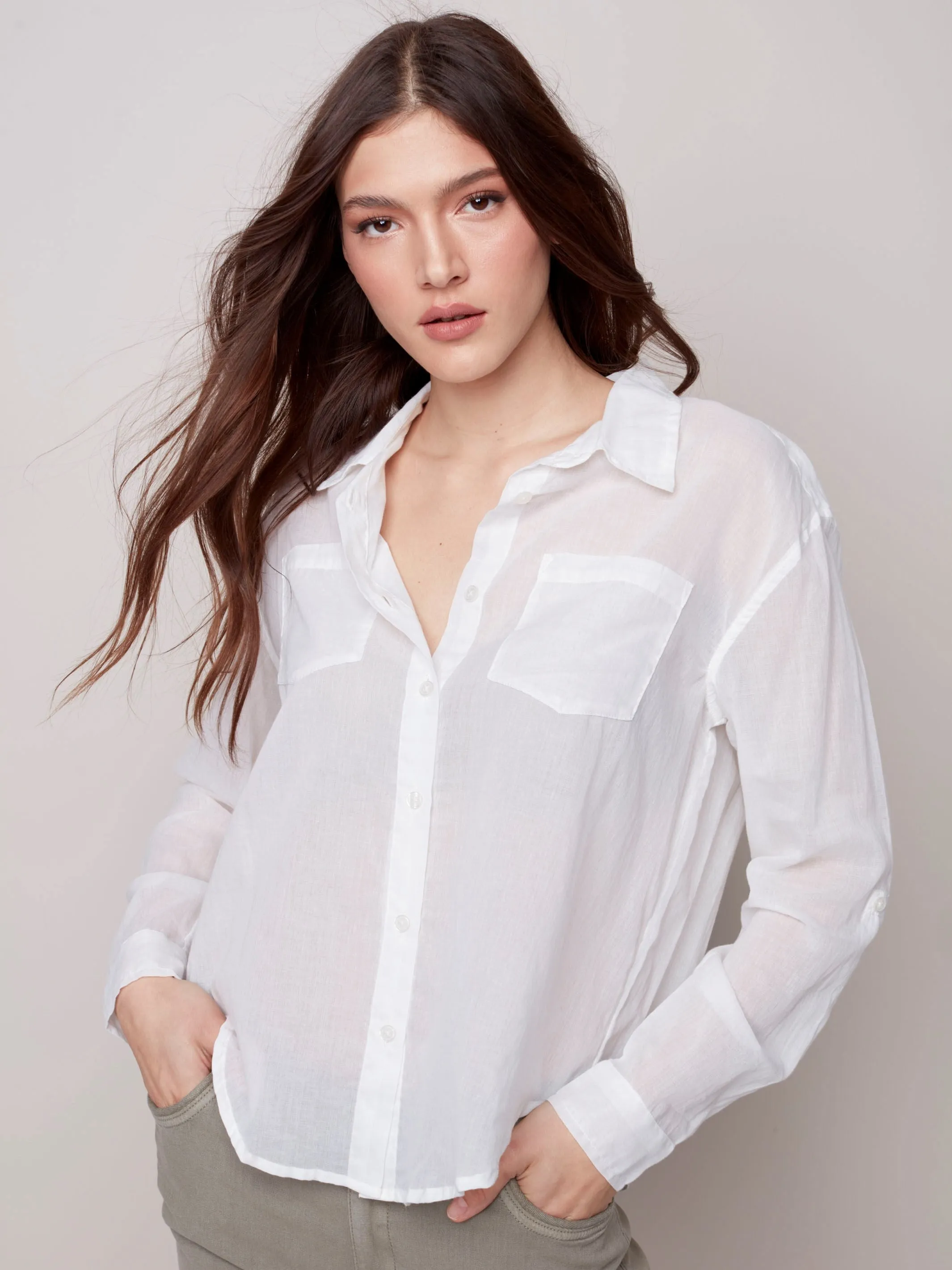 Cotton Voile Button-Down Shirt - White