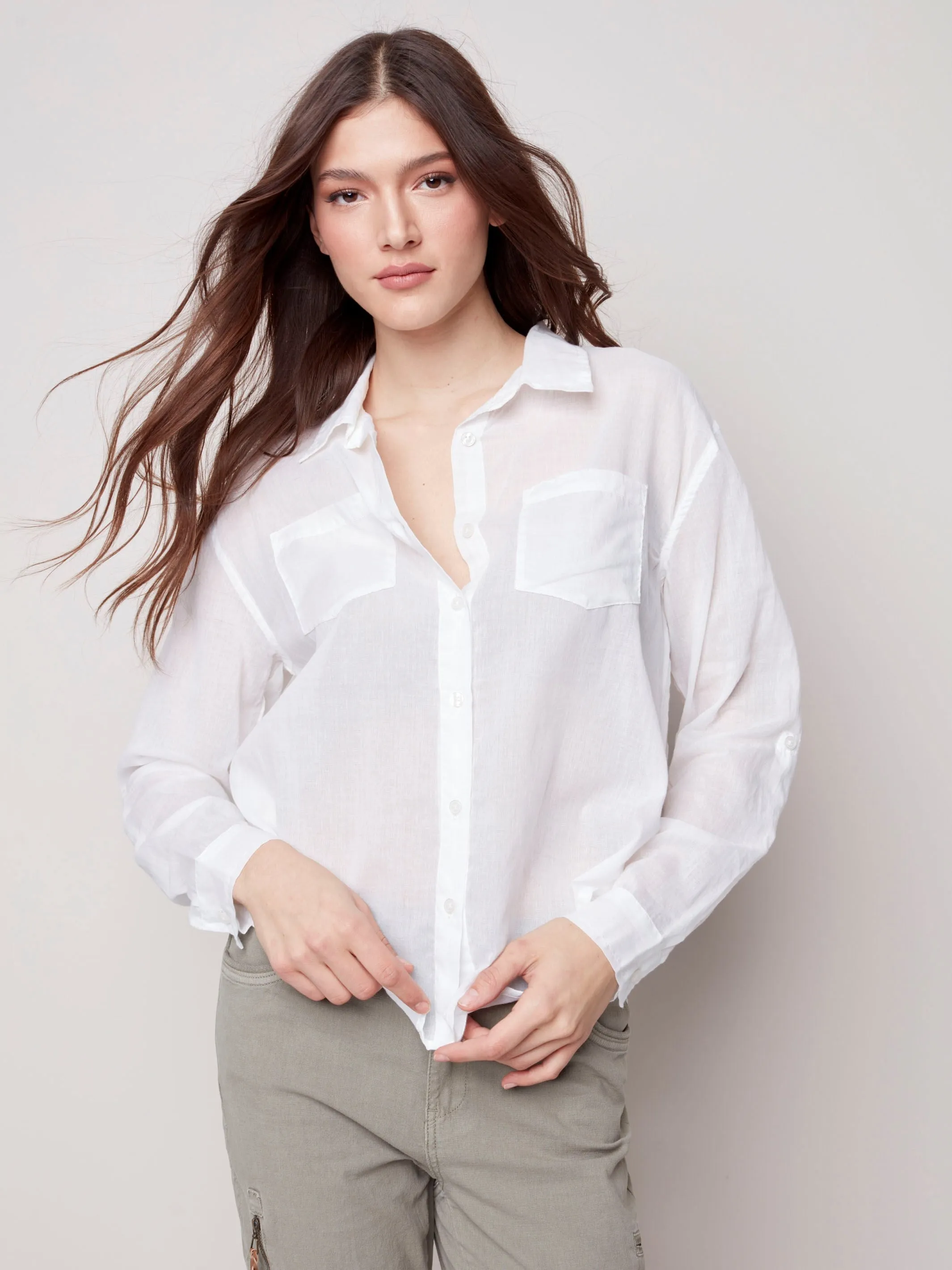 Cotton Voile Button-Down Shirt - White
