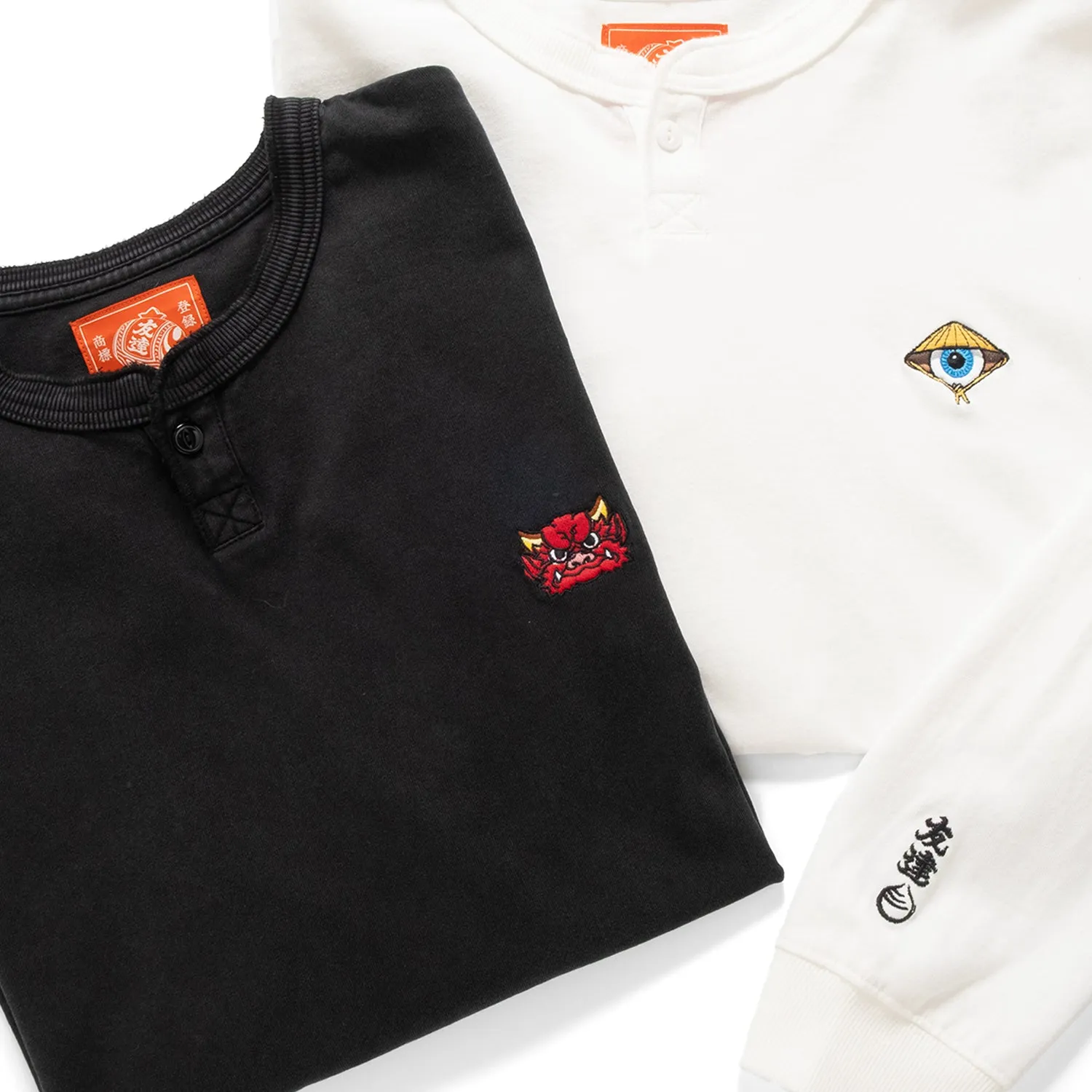 (EX612) Embroidery Henley Neck Long Sleeve Tee