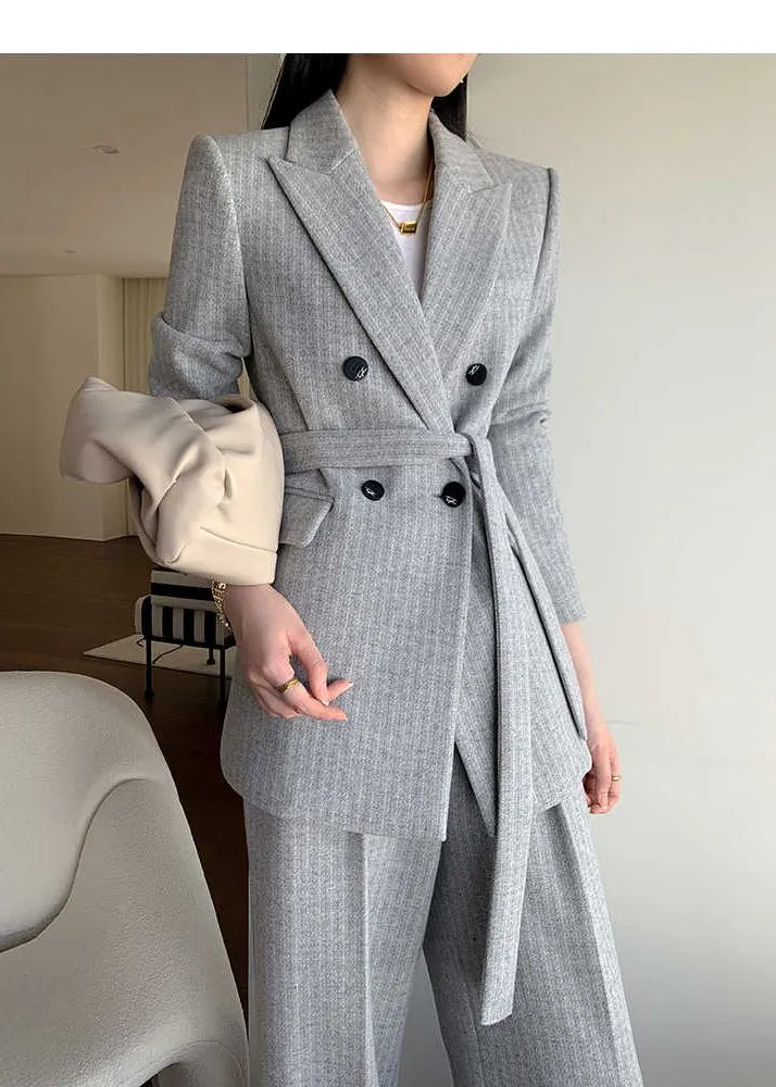 Gray Wool Blend Belted Double Breasted Blazer Wide Leg Pants Suit