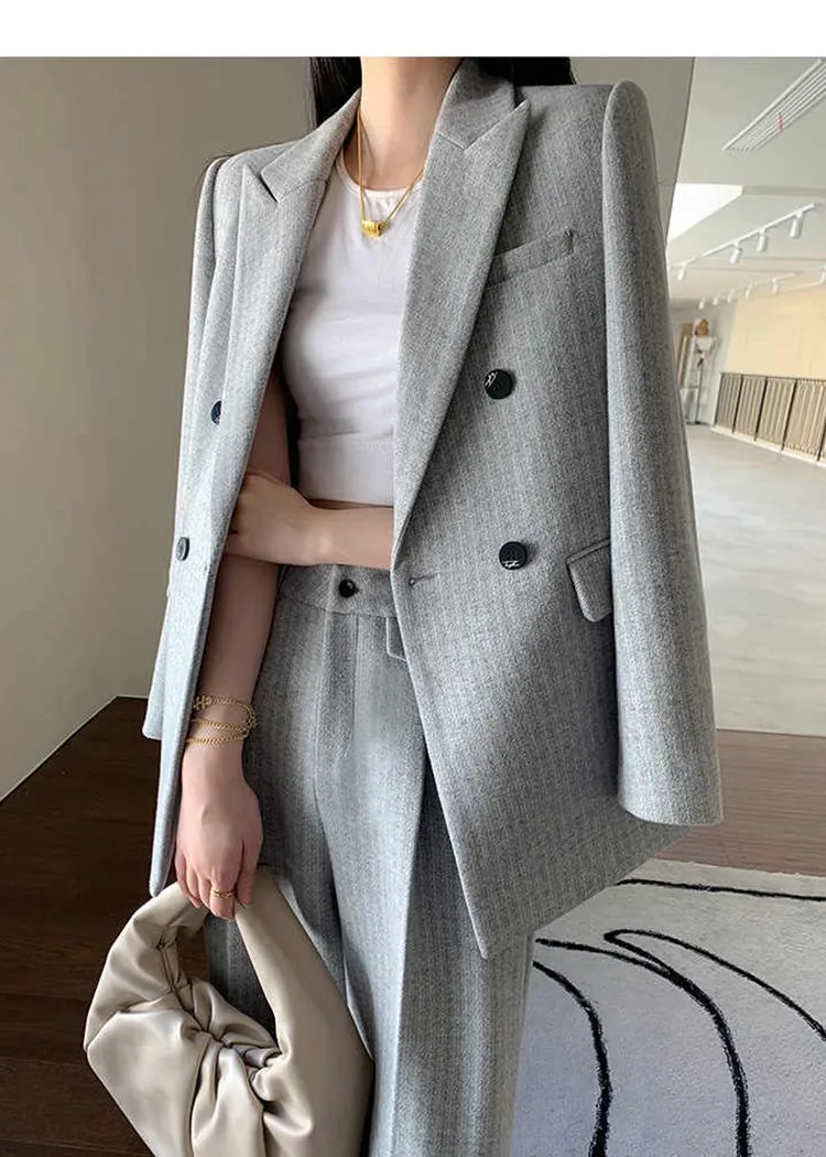 Gray Wool Blend Belted Double Breasted Blazer Wide Leg Pants Suit