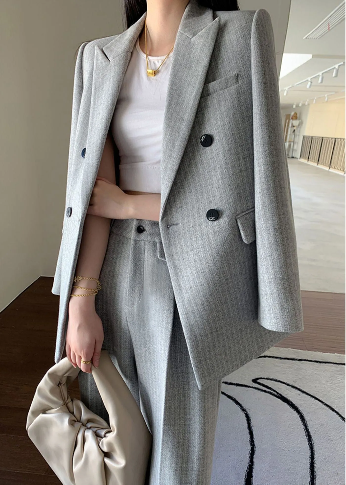 Gray Wool Blend Belted Double Breasted Blazer Wide Leg Pants Suit