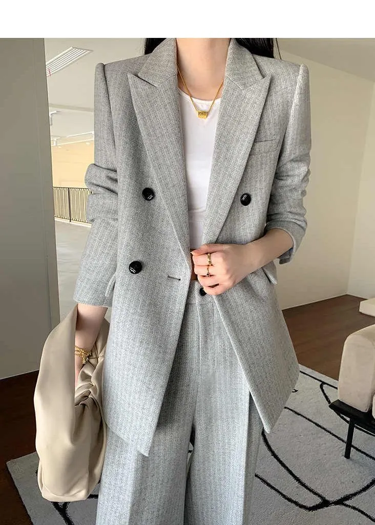 Gray Wool Blend Belted Double Breasted Blazer Wide Leg Pants Suit