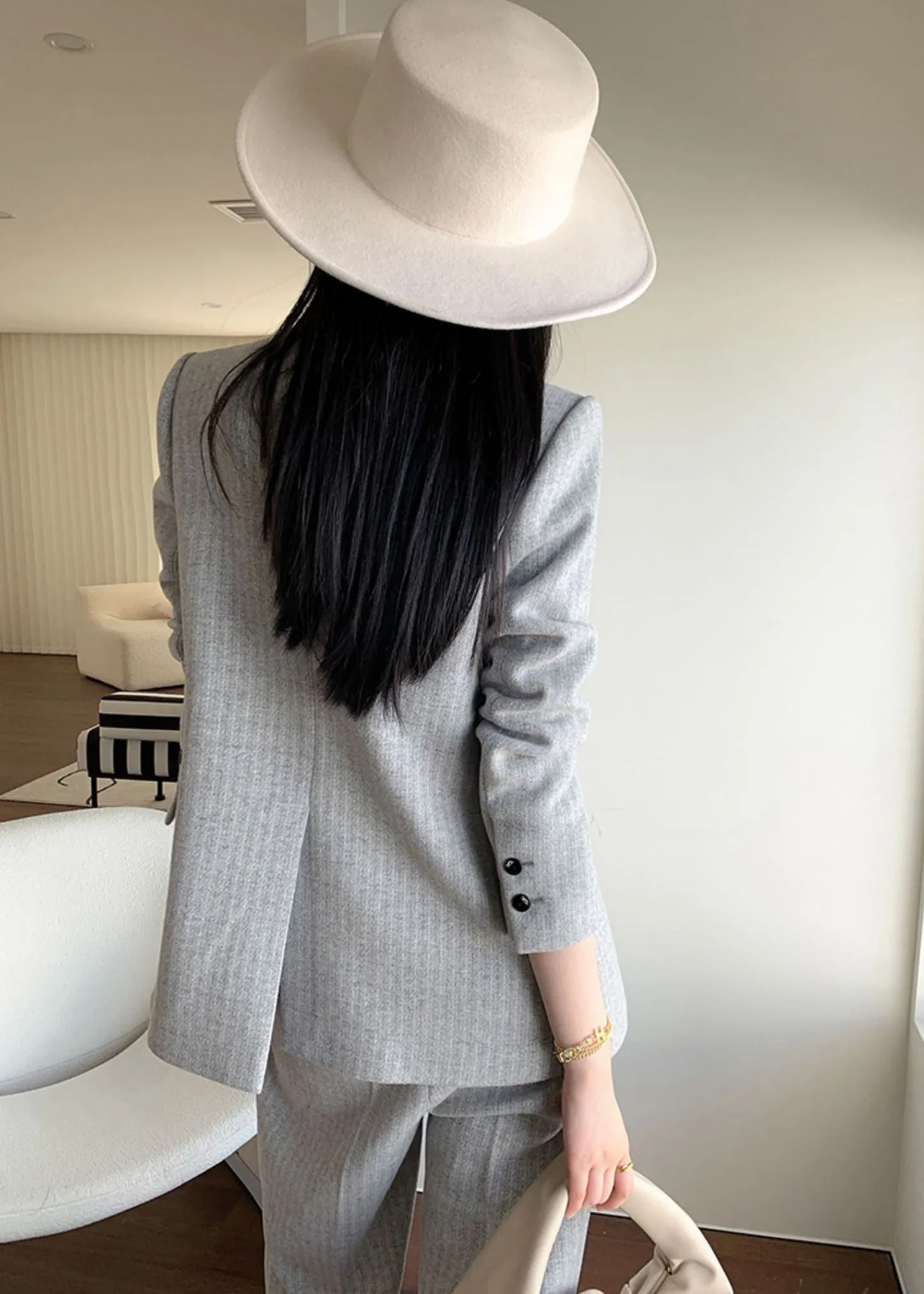 Gray Wool Blend Belted Double Breasted Blazer Wide Leg Pants Suit