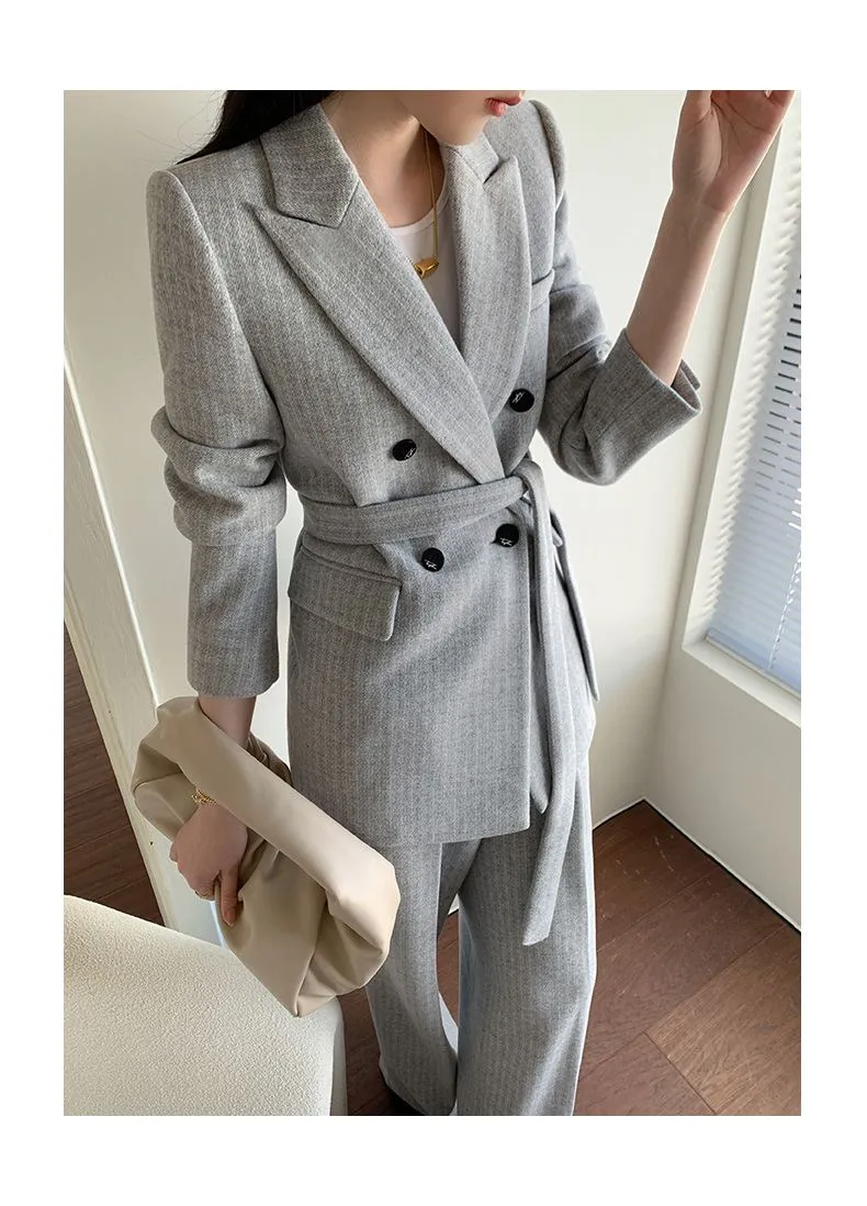 Gray Wool Blend Belted Double Breasted Blazer Wide Leg Pants Suit
