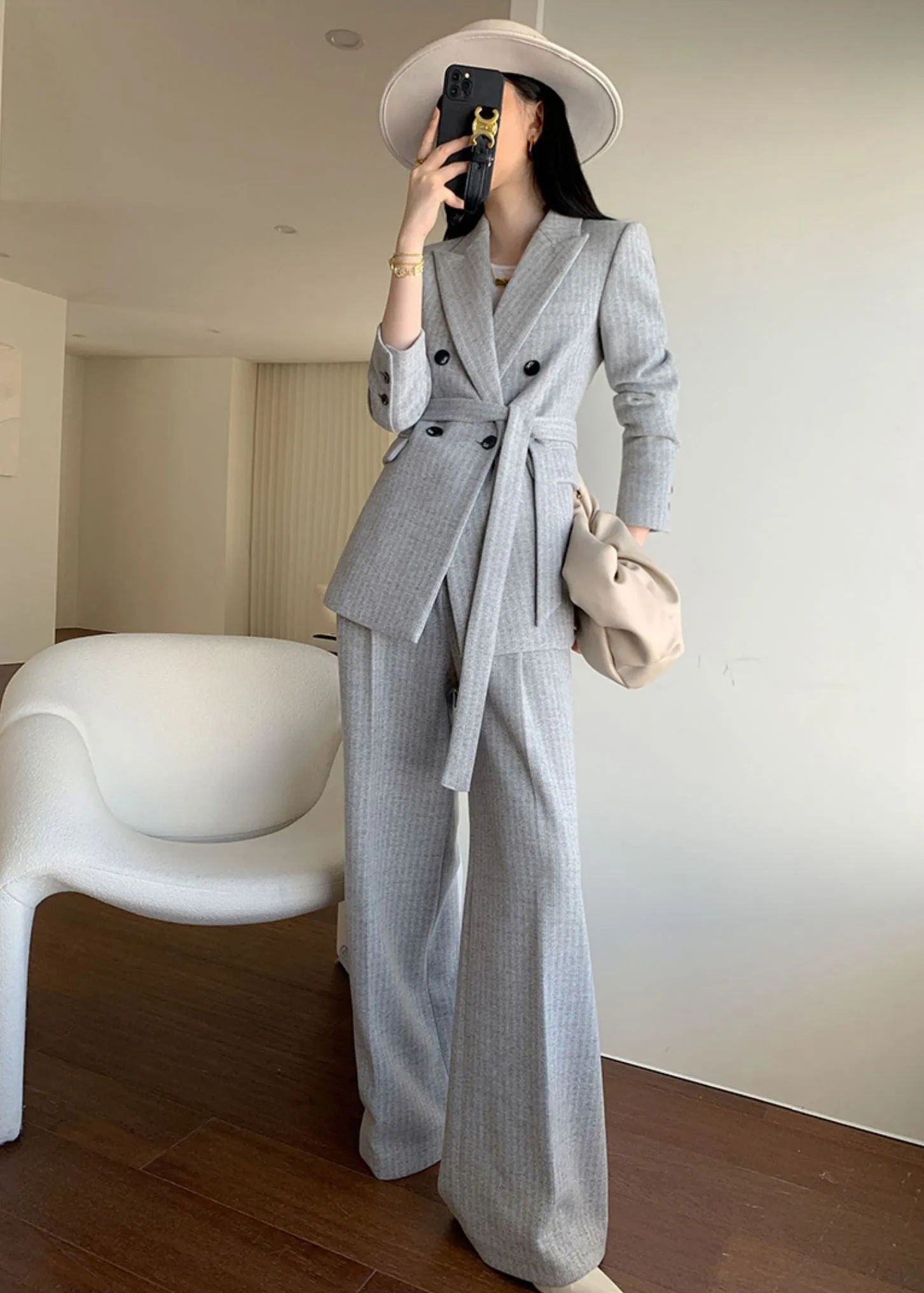 Gray Wool Blend Belted Double Breasted Blazer Wide Leg Pants Suit