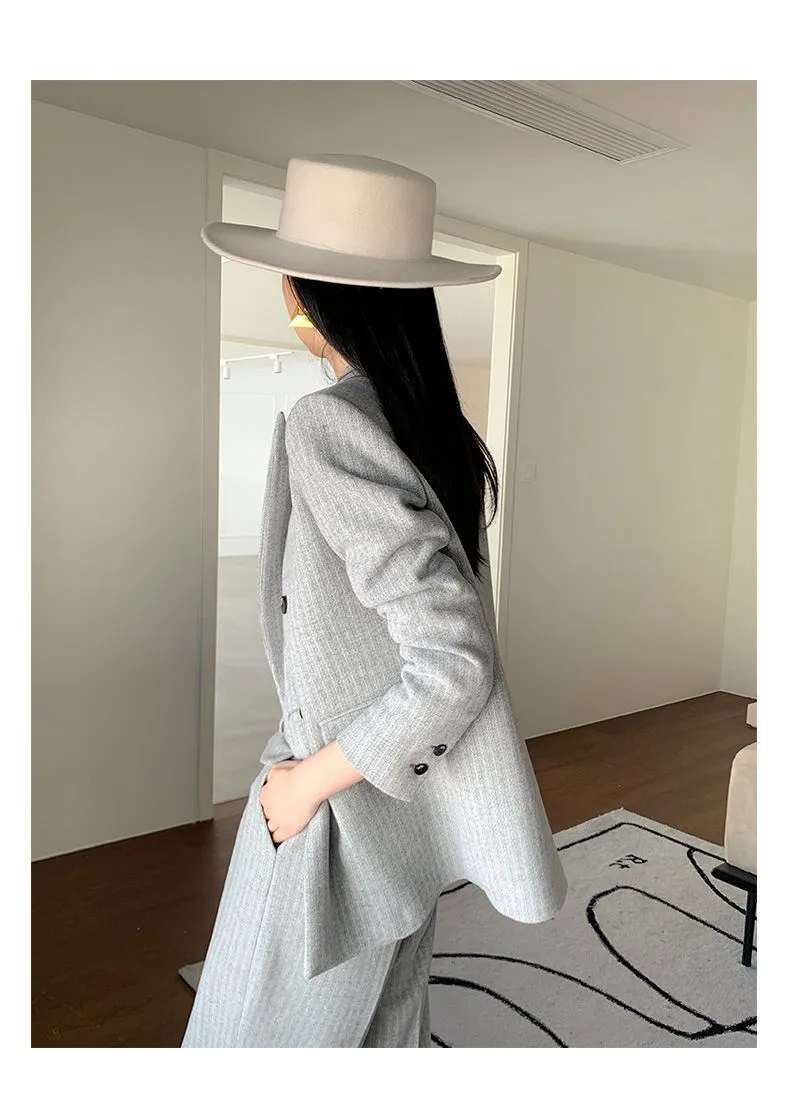 Gray Wool Blend Belted Double Breasted Blazer Wide Leg Pants Suit