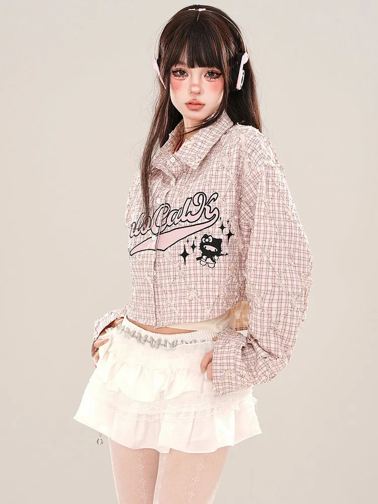 Green/Pink Letters Plaid Cropped Shirt