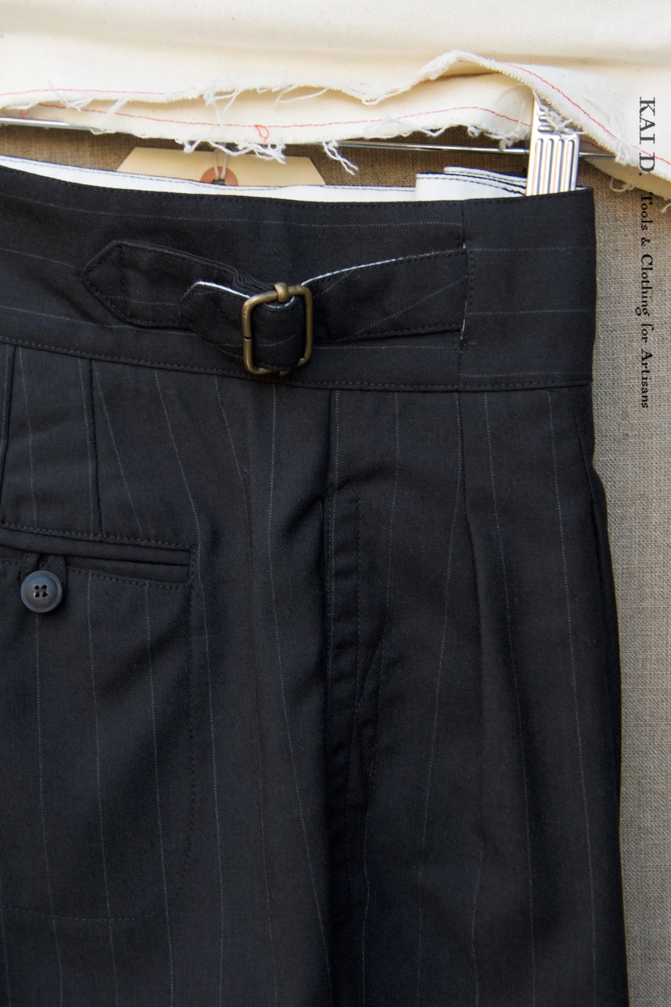 Isa Belted Pants - Pin Stripe Virgin Wool Black- XS, S,M