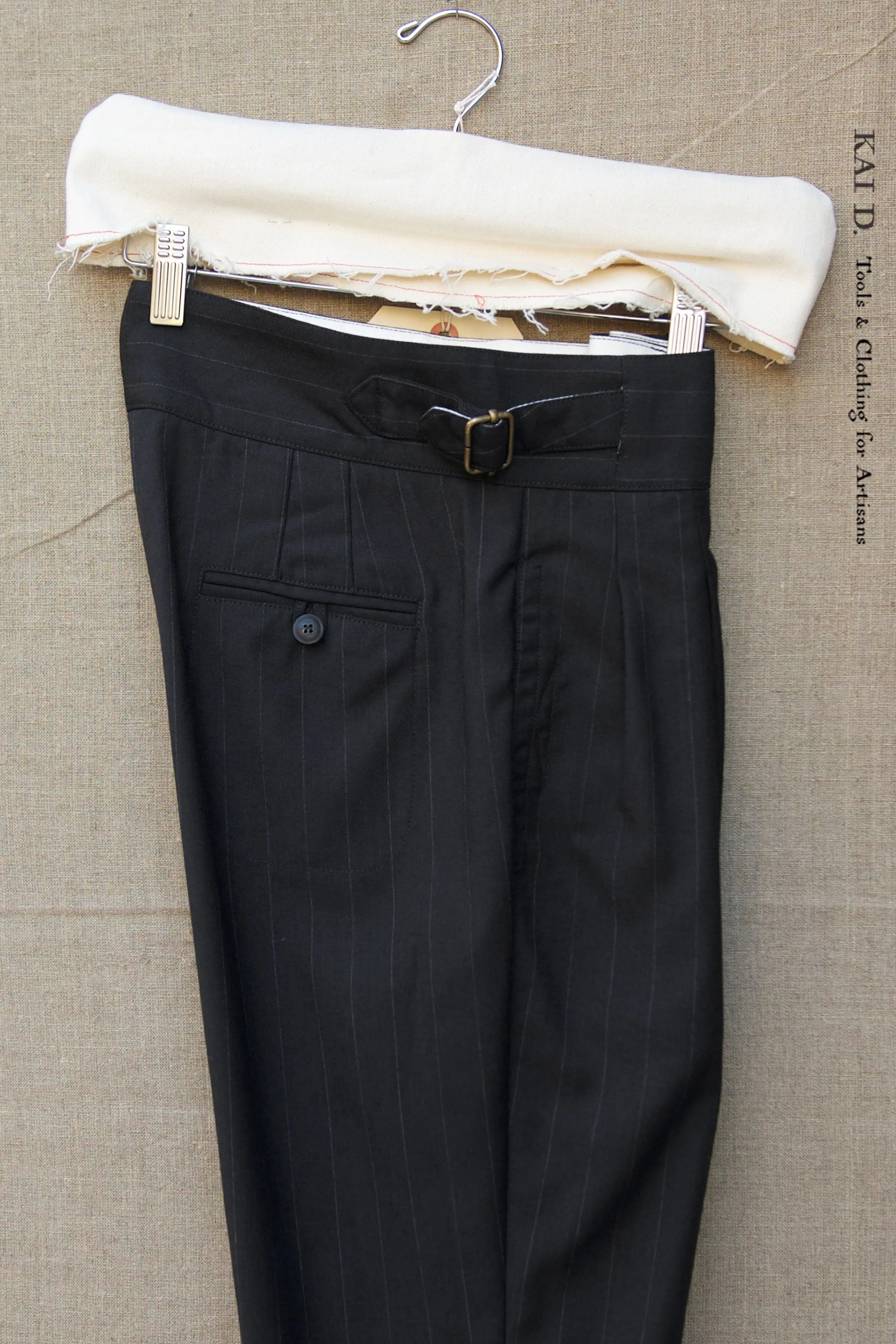 Isa Belted Pants - Pin Stripe Virgin Wool Black- XS, S,M