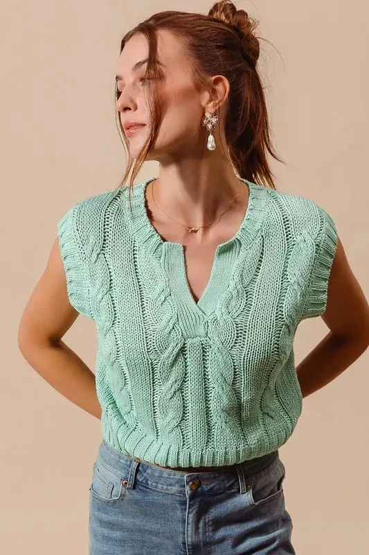 Mint Green Cable Knit Notched Neck Sweater Vest