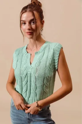 Mint Green Cable Knit Notched Neck Sweater Vest