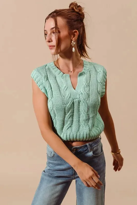 Mint Green Cable Knit Notched Neck Sweater Vest