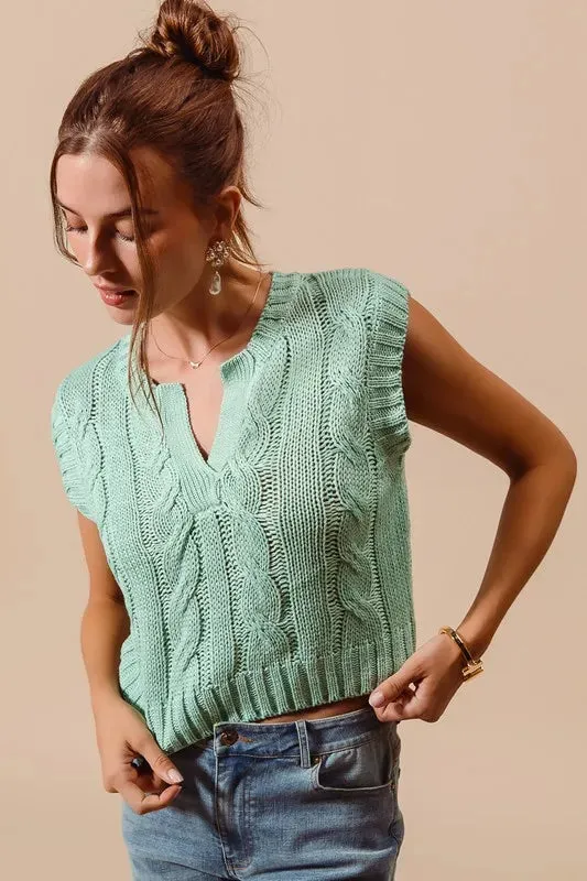 Mint Green Cable Knit Notched Neck Sweater Vest
