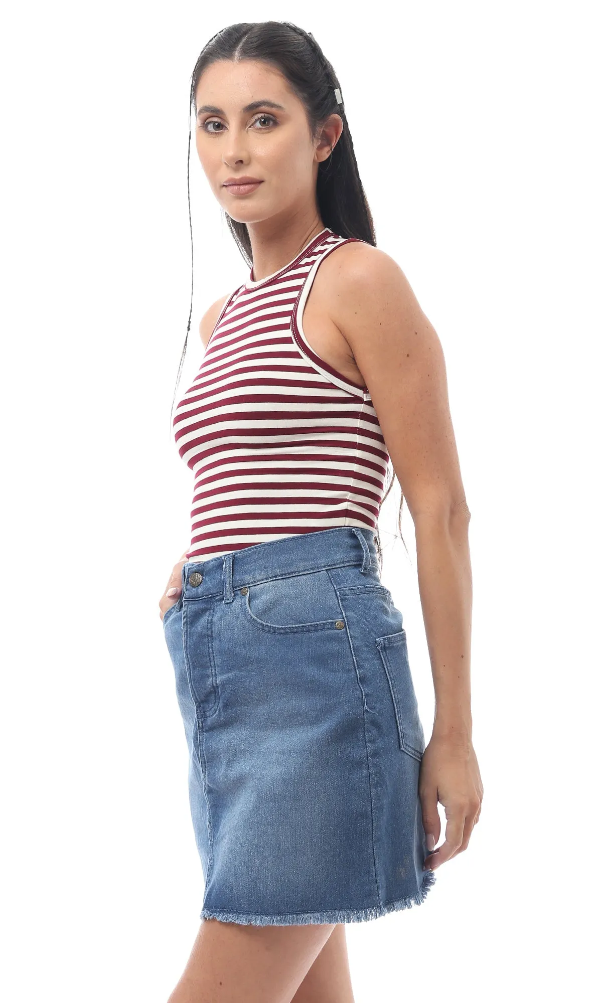 O171427 Striped Rayon Multicolour Crop Top