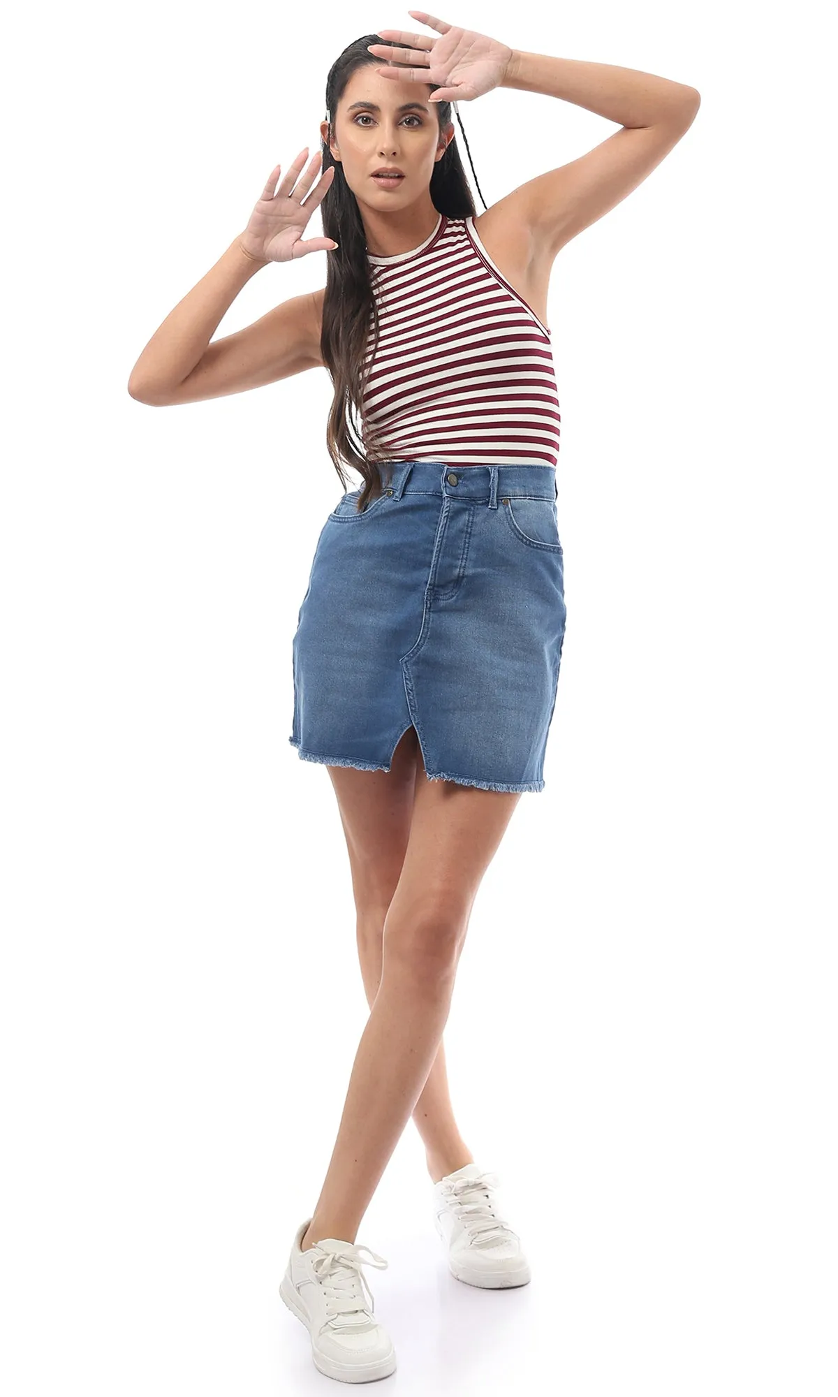 O171427 Striped Rayon Multicolour Crop Top