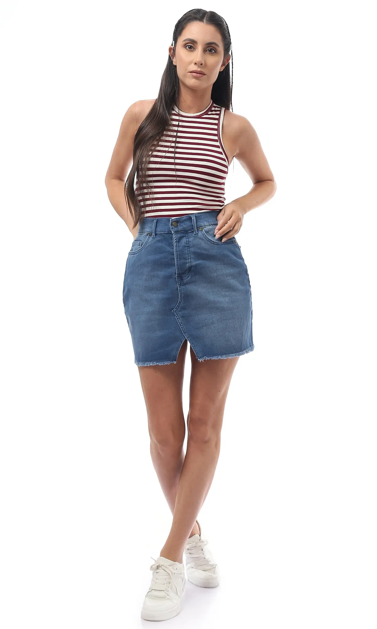 O171427 Striped Rayon Multicolour Crop Top