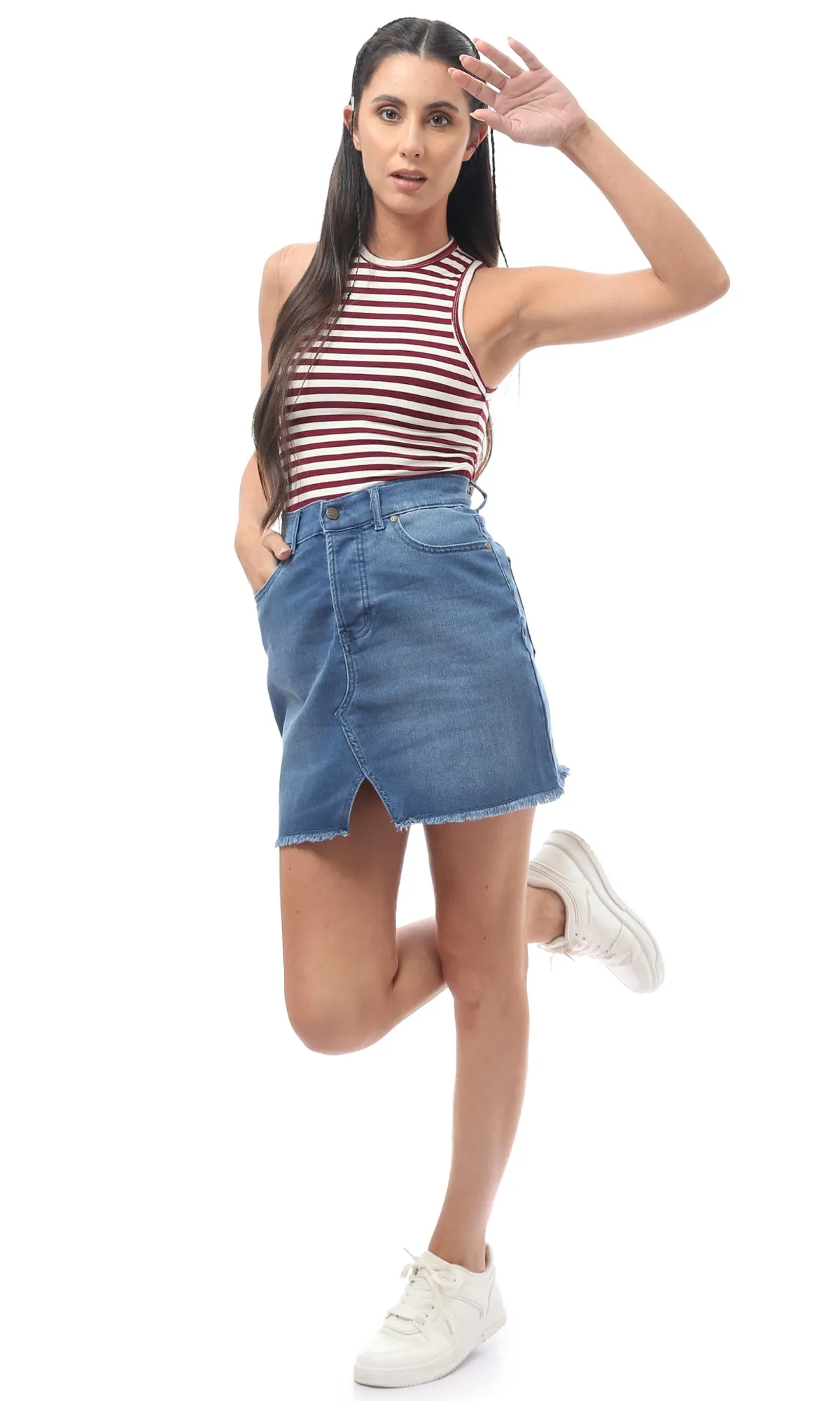 O171427 Striped Rayon Multicolour Crop Top