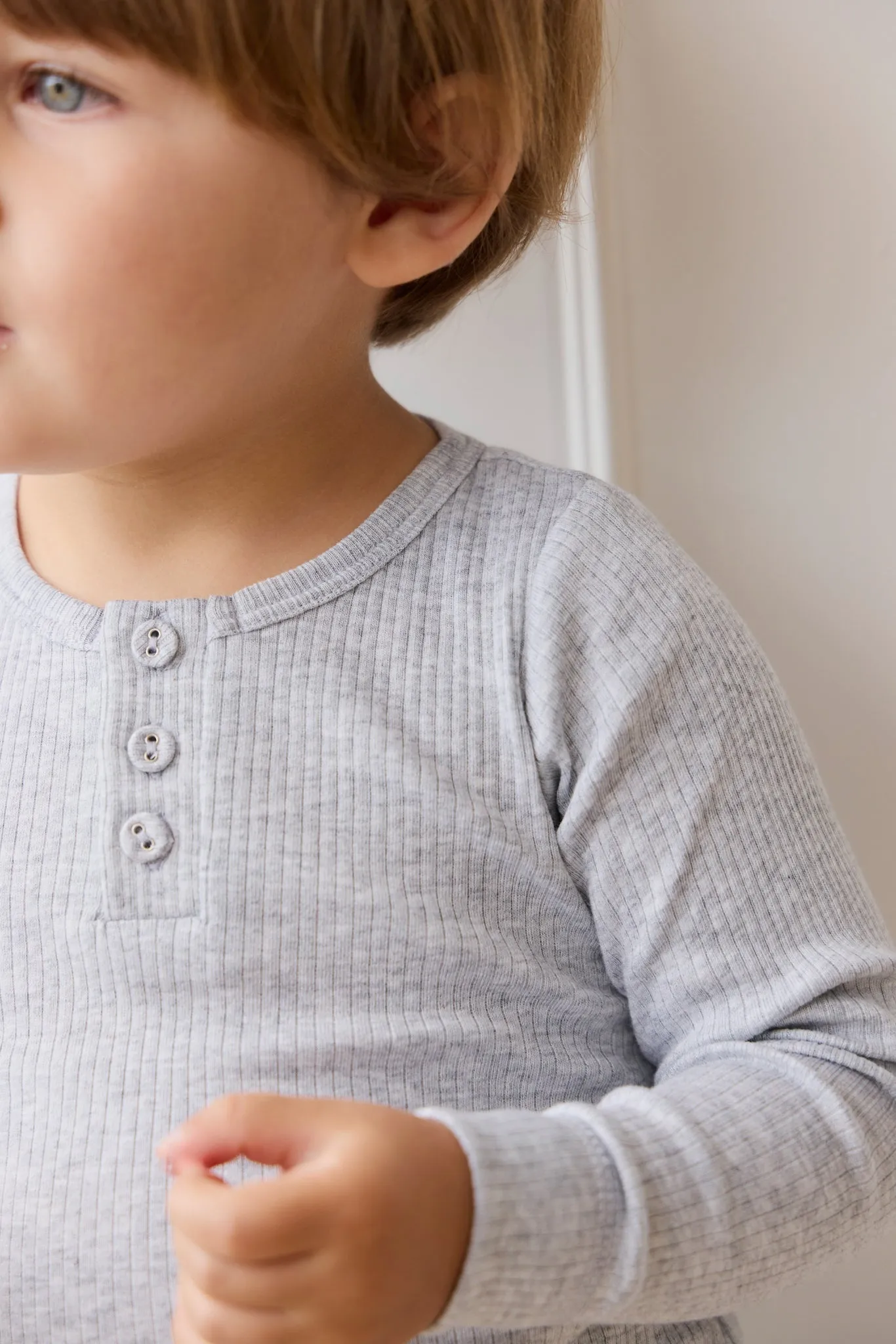 Organic Cotton Modal Long Sleeve Henley - Light Grey Marle